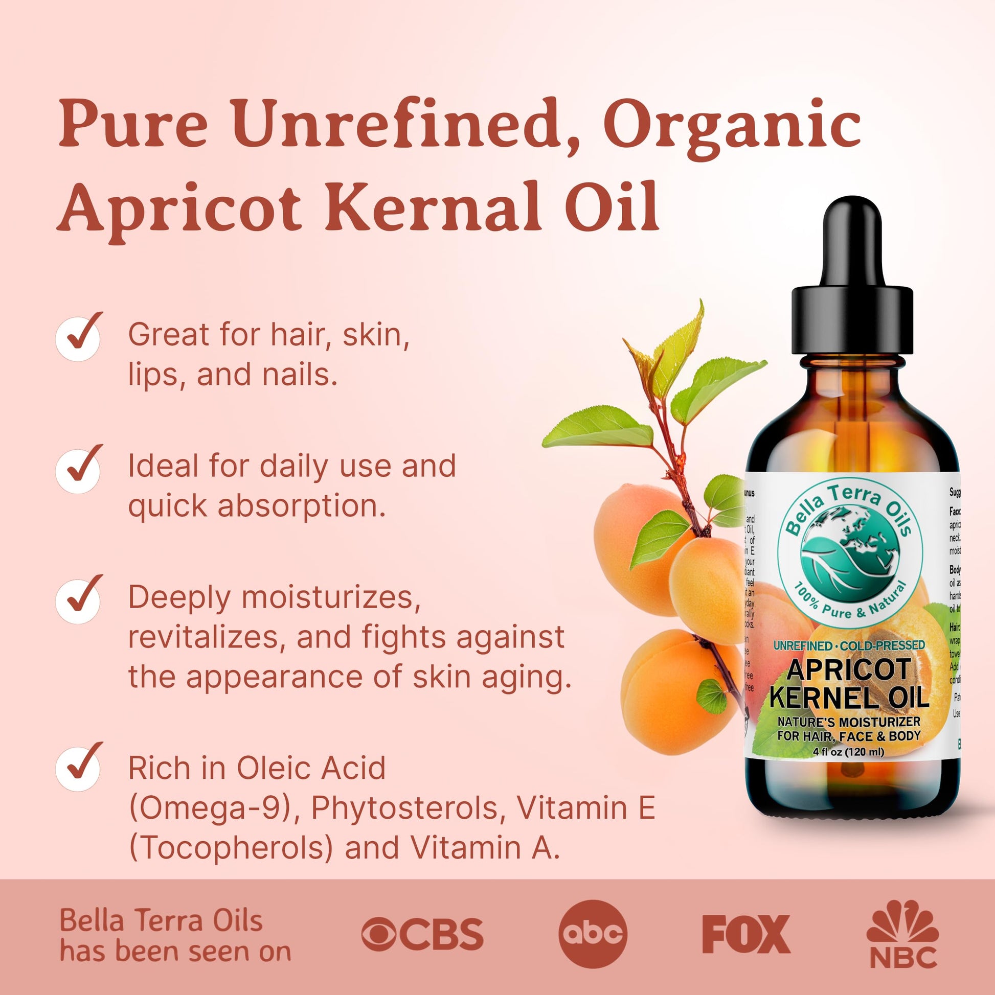 Apricot Kernel Oil 4 oz 100% Pure Cold-pressed Unrefined Organic - Bella Terra Oils