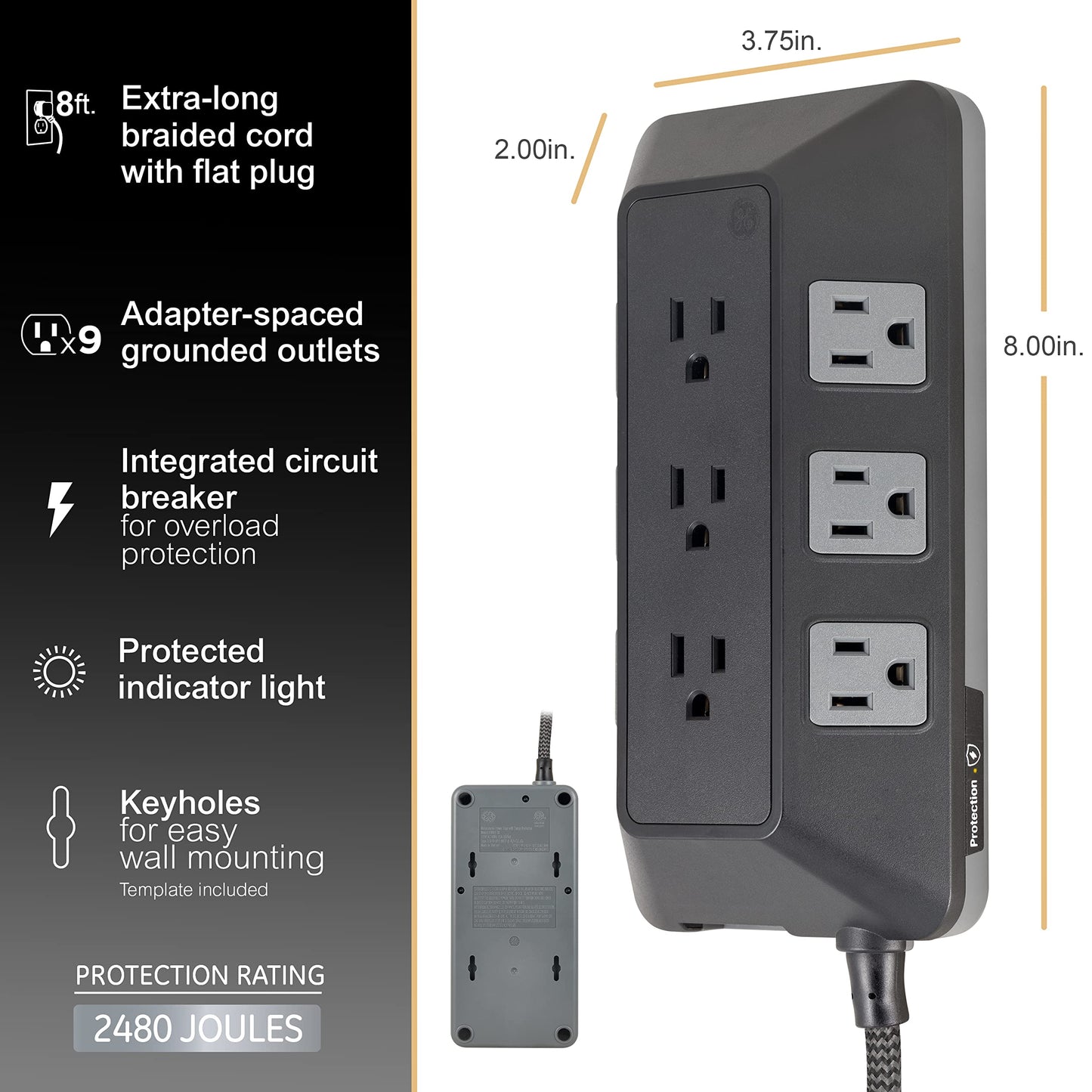 GE UltraPro Adapt - Protector de sobretensiones de 9 Tomas, Cable Trenzado de 8 pies, Protector de sobretensión, Tira de alimentación de protección contra sobretensión, 2480 Julios, Negro, 73774
