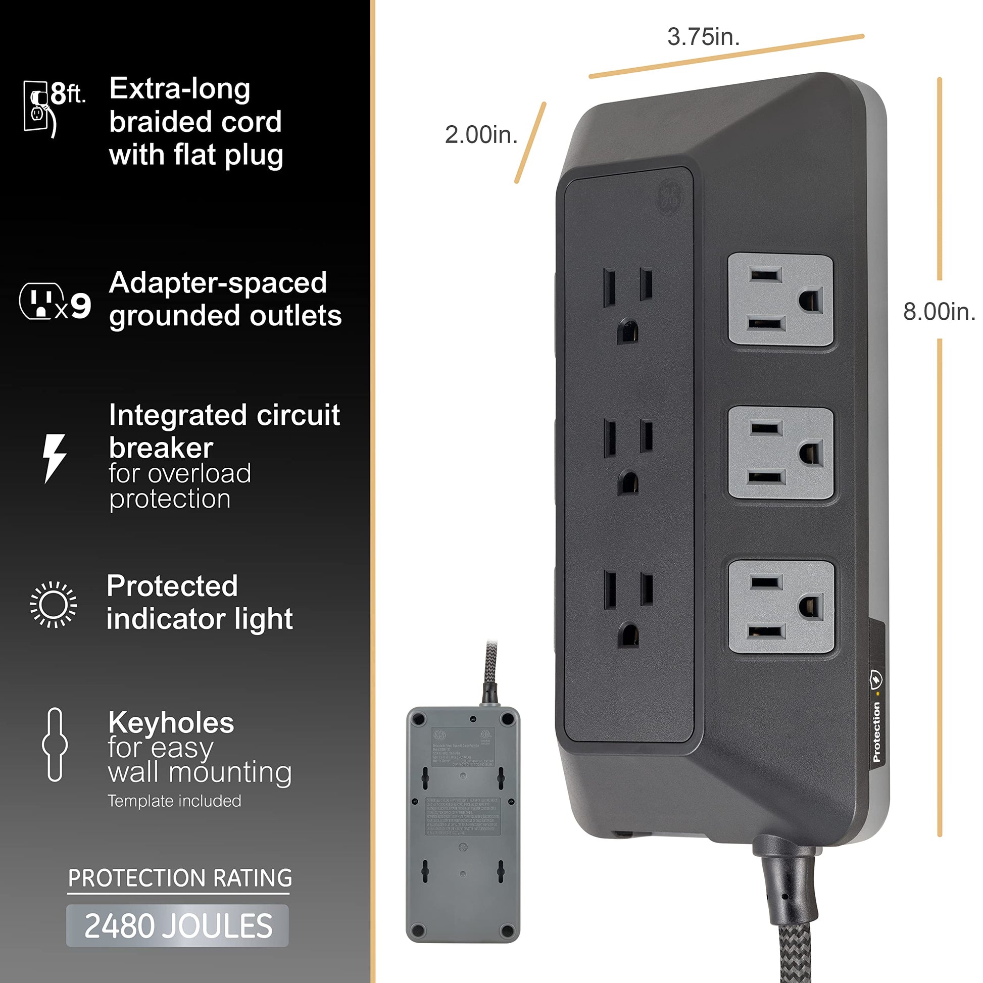 GE UltraPro Adapt - Protector de sobretensiones de 9 Tomas, Cable Trenzado de 8 pies, Protector de sobretensión, Tira de alimentación de protección contra sobretensión, 2480 Julios, Negro, 73774