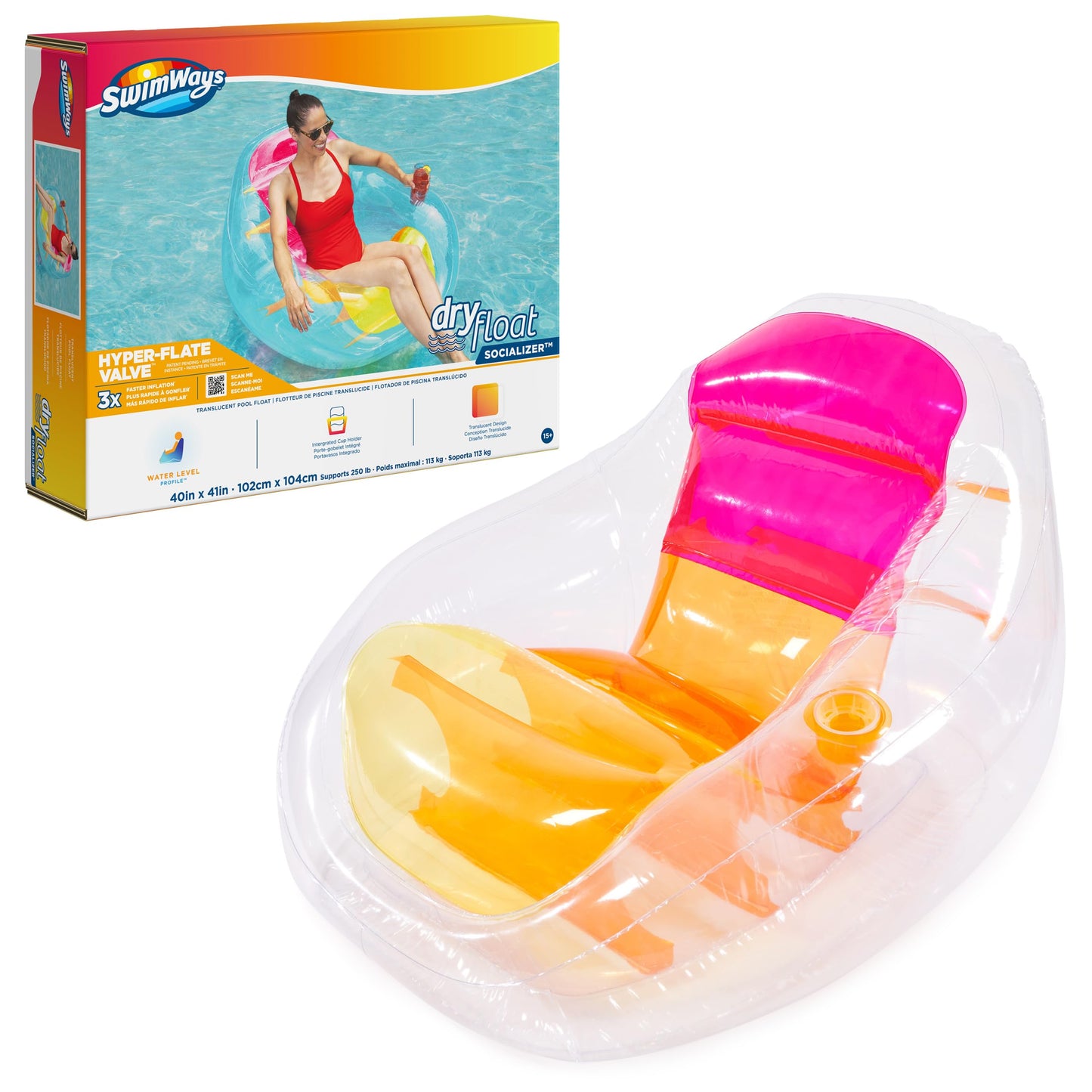 Flotador Inflable SwimWays Translúcido con Portavasos y Respaldo para Adultos