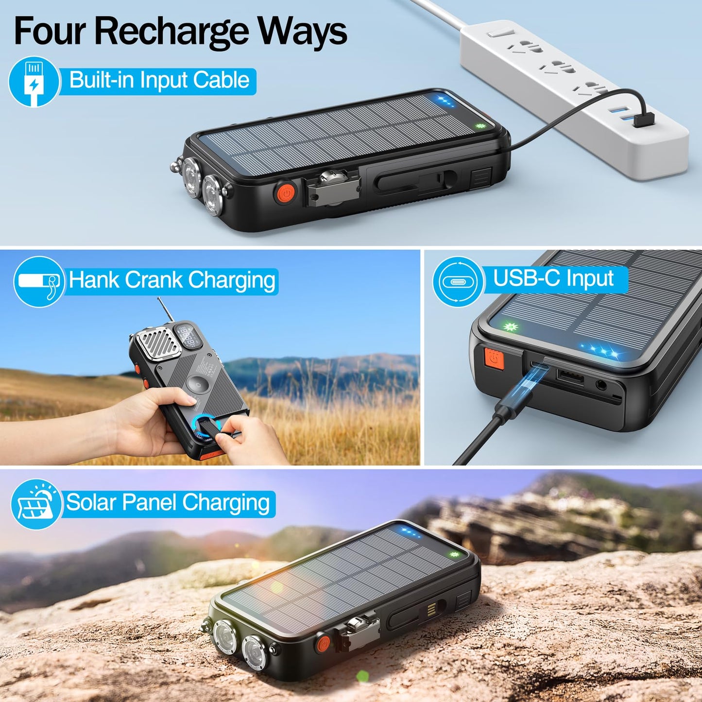 BROWEY - Cargador inalámbrico para banco de energía solar, 16000 mAh, manivela integrada y 3 cables con radio de emergencia y linterna, carga rápida de 20 W para teléfonos celulares, cargador portátil