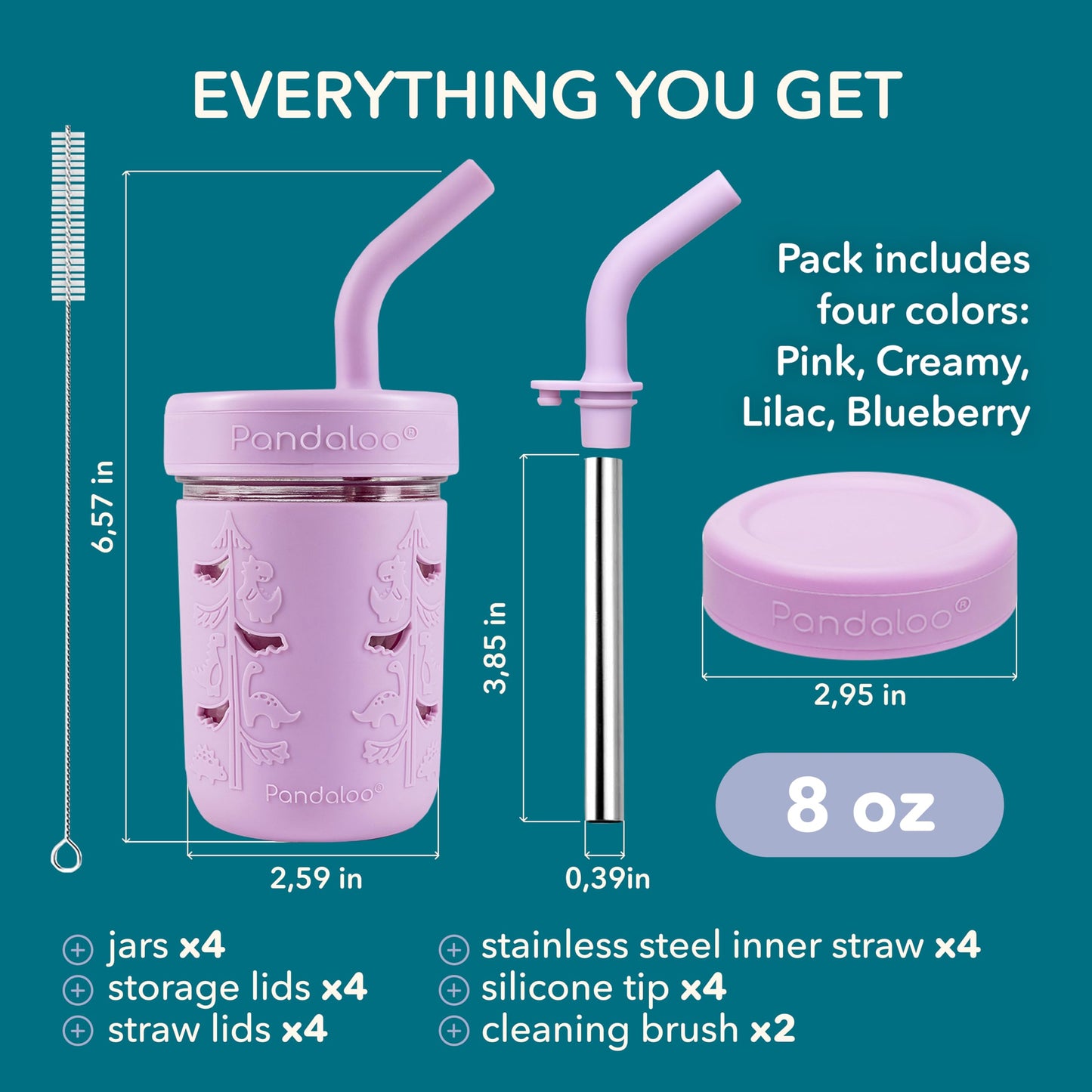 Pandaloo® Vaso de Vidrio Mason Jar - A prueba de Derrames, 8 Onzas, con Popote y Tapa de Silicona, Manga Antideslizante, Tazas de Aperitivos Sin BPA, Perfecto para Batidos con Tapas y Pajitas