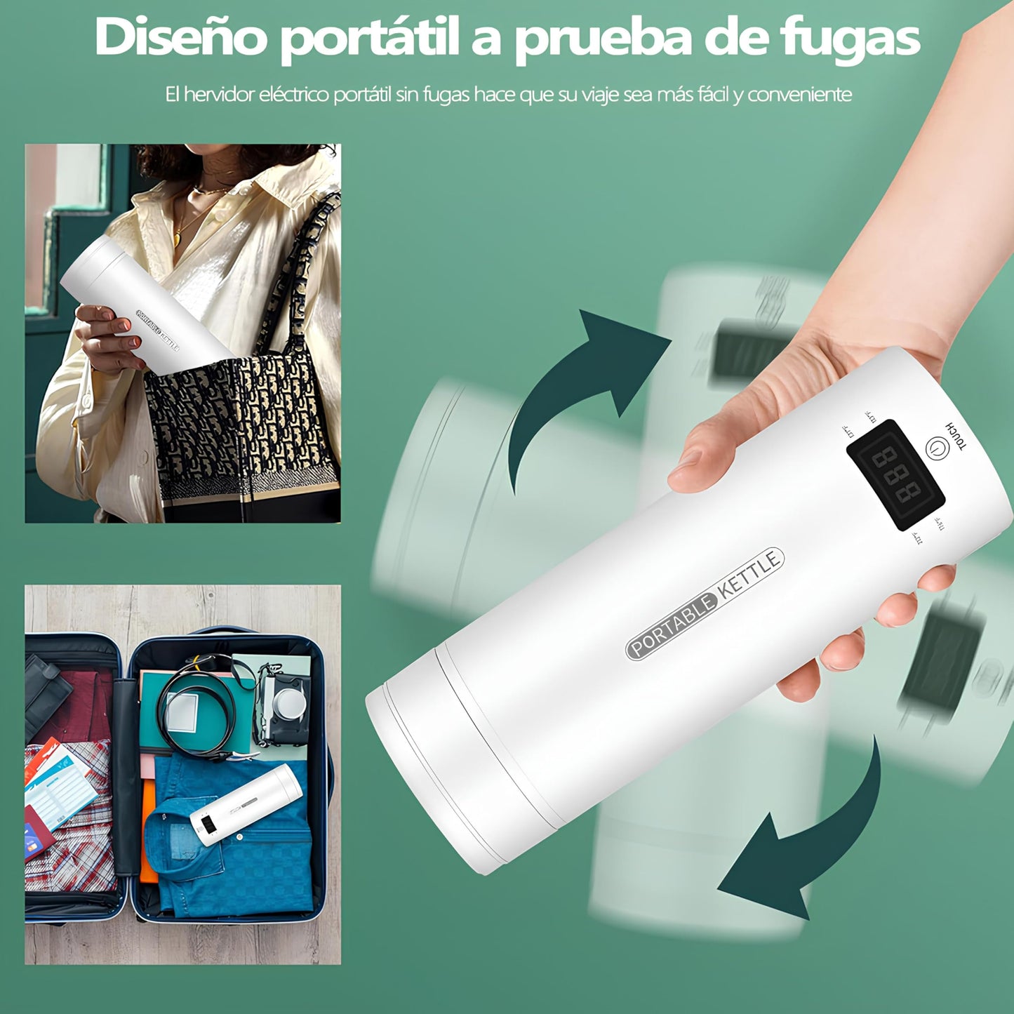 Hervidor de Agua Electrico Portatil,500ML Termo Electrico,Control de Temperatura NTC y Protección contra quemaduras en seco,Adecuado para viajes, oficina, camping, preparación de té y café.