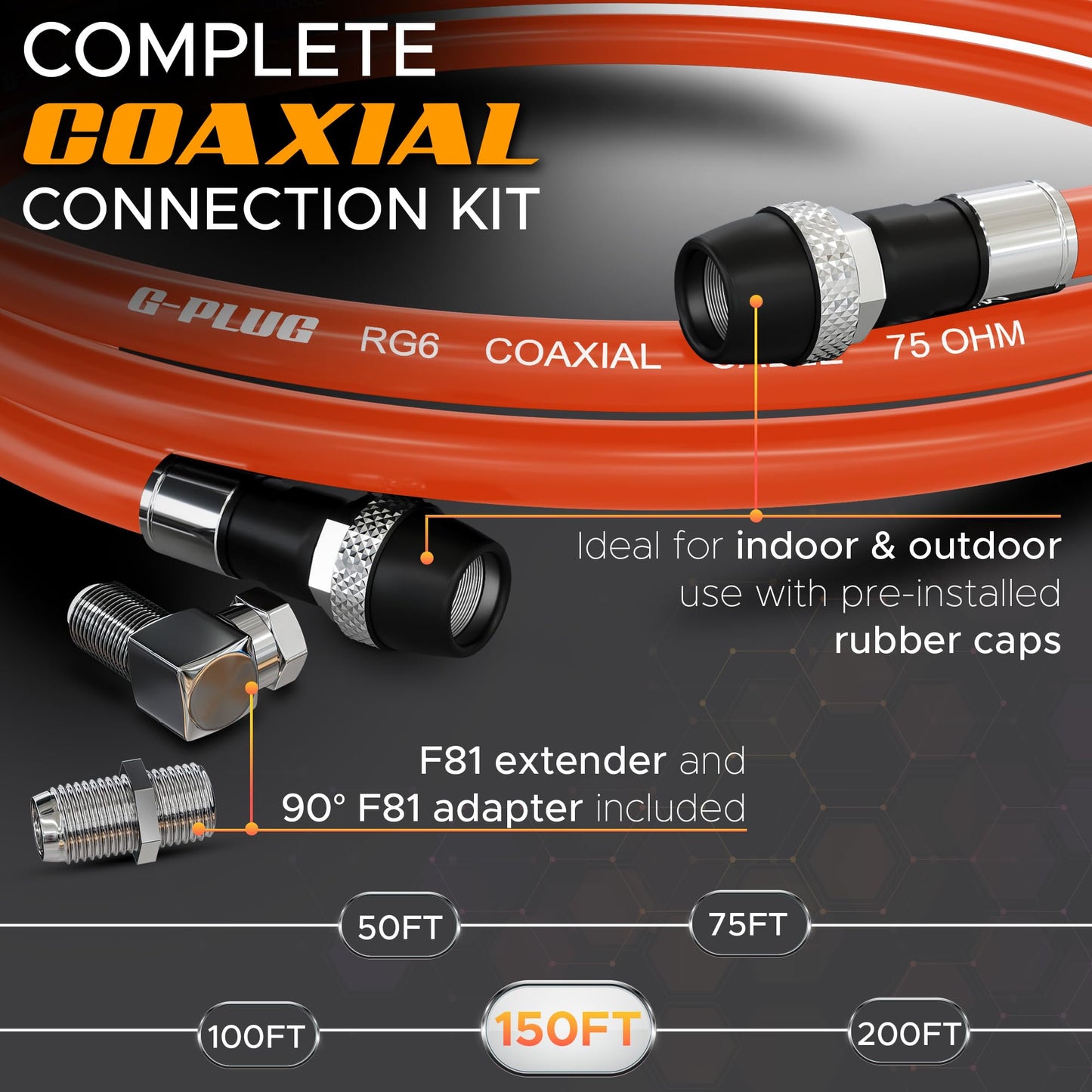 G-PLUG Cable Coaxial RG6 75 Ohm, Triple Blindaje, Impermeable, Conectores F Tipo Macho a Macho, Cable Antena TV, Satelital e Internet Banda Ancha, Incluye Acoplador F81, Naranja