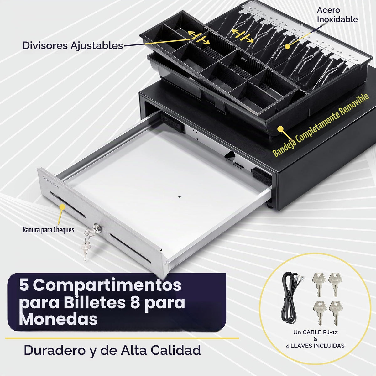 Cajón de Caja Registradora Volcora Negro Acero Inoxidable Duradero con Bandeja Extraíble para Sistema POS