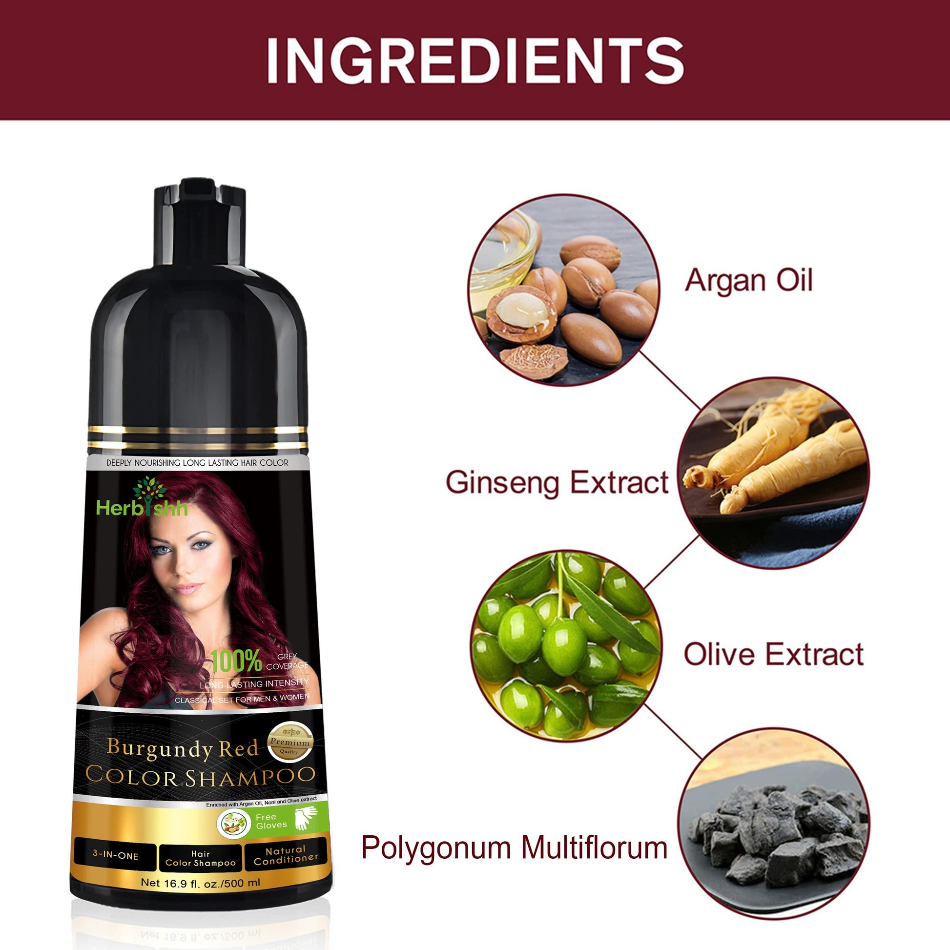 Herbishh - Champú colorante para cabello gris, champú con tinte natural para el cabello, colorea el cabello en minutos, dura hasta de 3 a 4 semanas, 500 ml, tinte de cabello 3 en 1, sin amoniaco | (Borgoña)