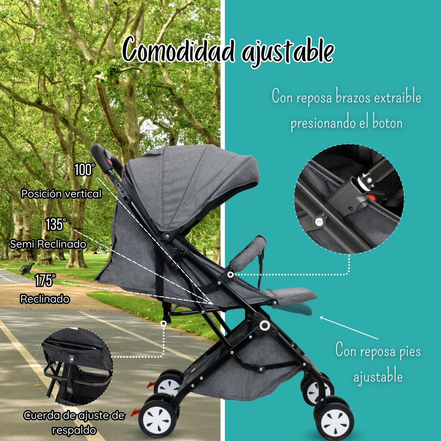 Carreolas Modernas Para Bebe| Carriola Reclinable Con Toldo Extra Largo| Cinturón De 5 Puntos| Carriola Para Bebe Con Diseño Plegable Para Viaje Y Fácil Transportación| Carriola Ligera (Gris)