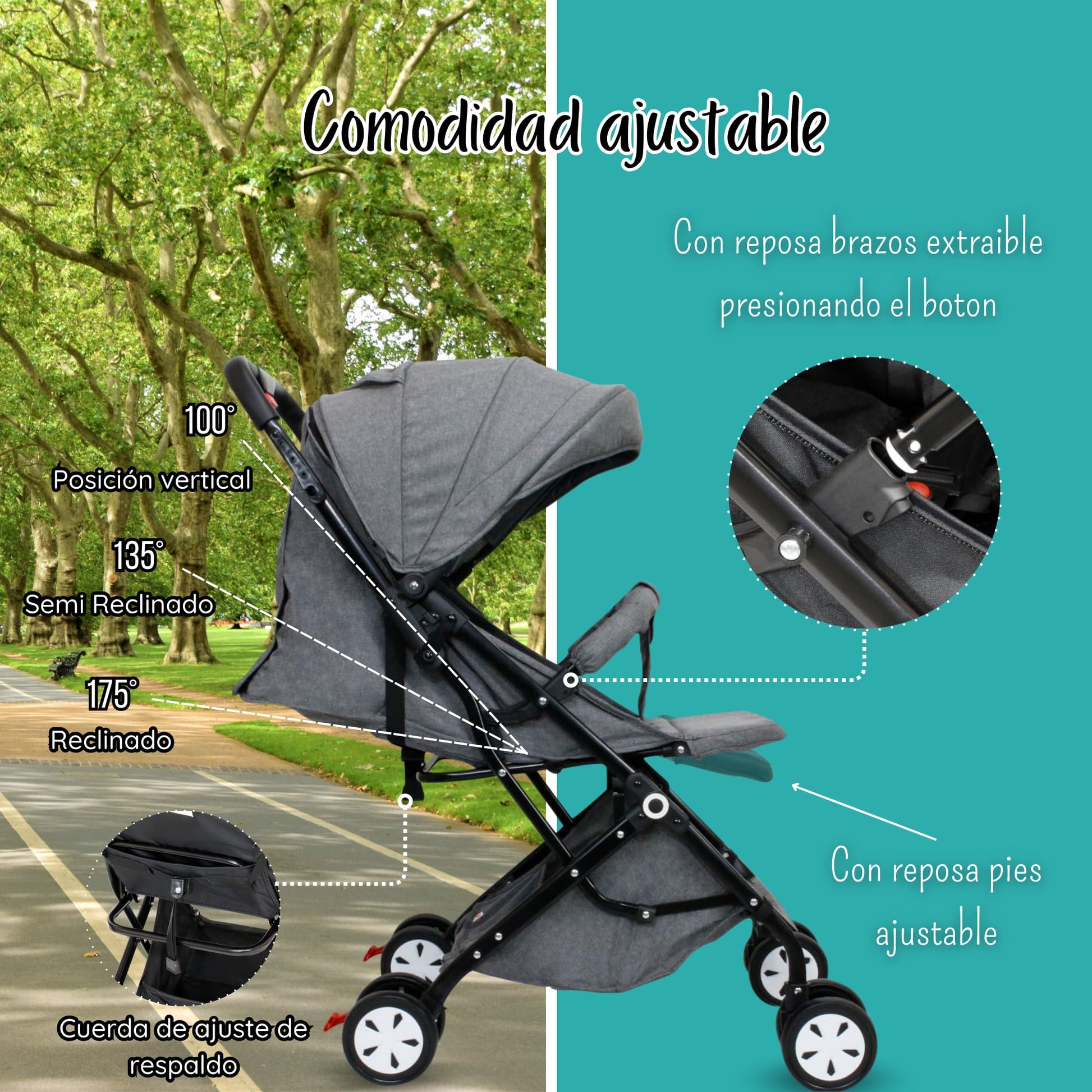 Carreolas Modernas Para Bebe| Carriola Reclinable Con Toldo Extra Largo| Cinturón De 5 Puntos| Carriola Para Bebe Con Diseño Plegable Para Viaje Y Fácil Transportación| Carriola Ligera (Gris)