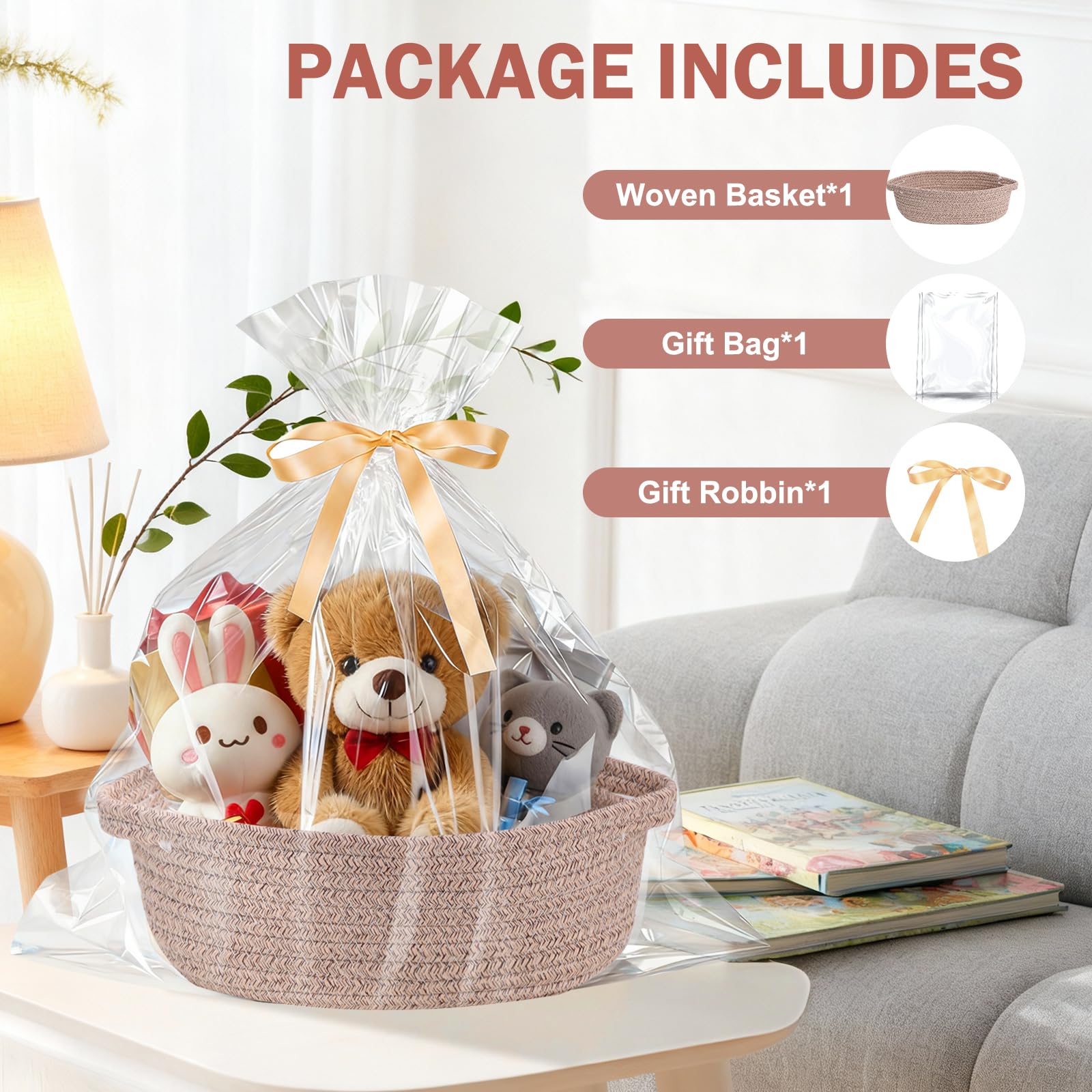 LWYMX - Cesta pequeña con bolsas de regalo y cintas, cesta tejida pequeña, bonita cuerda de algodón ovalada, regalos con asa, cesta de almacenamiento de mimbre vacía para bebés y fiestas de bebés (1