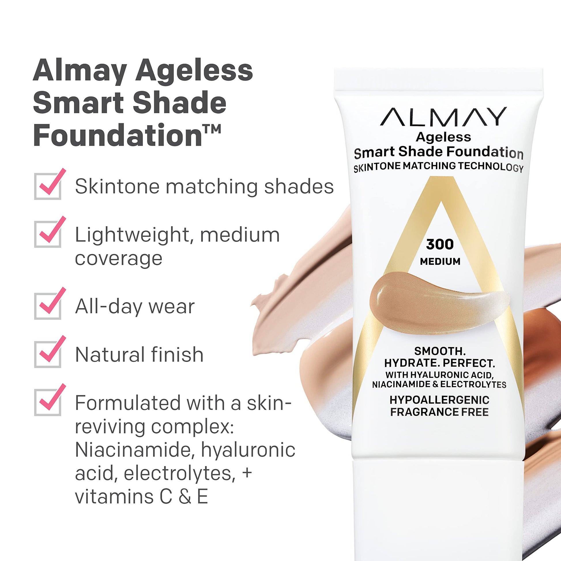 Base de maquillaje antienvejecimiento Almay Smart Shade Ageless con ácido hialurónico, niacinamida y vitaminas C y E - Tono 300 Medium - 1 oz - Hipoalergénica y sin fragancia - Ideal para pieles maduras - ¡Compra online ahora!