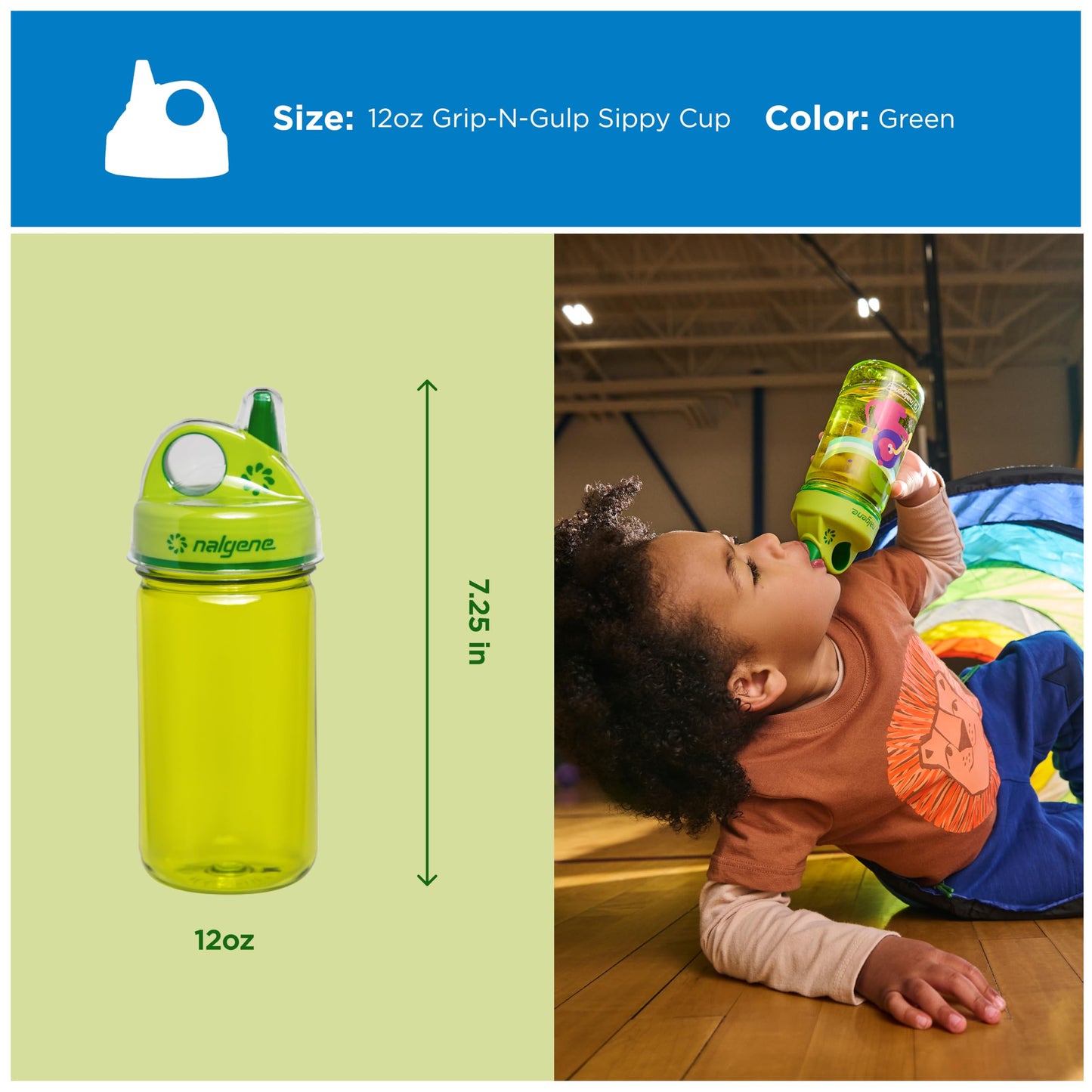 Nalgene Kids Sustain Grip-N-Gulp Water Bottles Made with Material Derived from 50% Plastic Waste, Leak Proof Sippy Cup, Durable, BPA and BPS Free, Dishwasher Safe, Reusable, 12 Ounces, Green