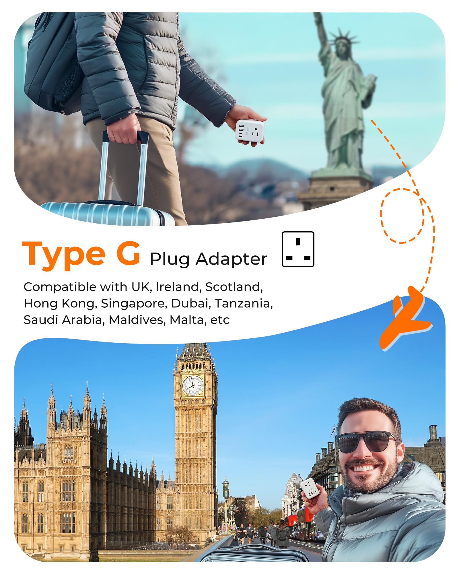 LENCENT Adaptador de Viaje Enchufe UK, Cargador con 4 Salidas CA y 4 Puertos USB (2 USB-C), Convertidor de Enchufe Americano a Inglés Tipo G con Toma de Tierra, para Reino Unido, Irlanda, Hong Kong