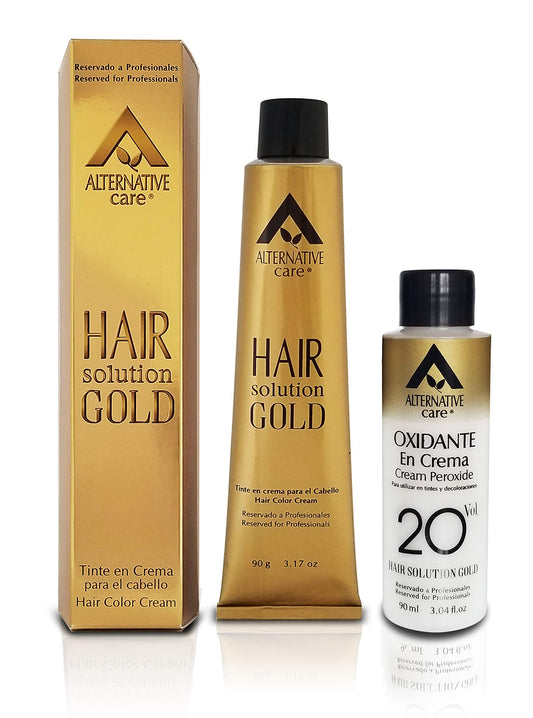 Tinte en Crema Profesional para Cabello - HAIR SOLUTION GOLD, Color Castaño Oscuro, 90g + Oxidante 90ml. ¡Permanente y de calidad! Ideal para mujeres. ¡Deslumbra con tu nuevo look!