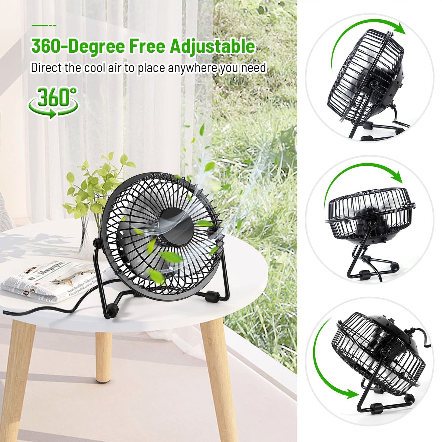 AMKEN - Ventilador de computadora pequeño, ventilador USB de 4 pulgadas alimentado por USB, rotación de 360°, pequeños ventiladores para recámara, oficina, mesa, ventilador de refrigeración personal