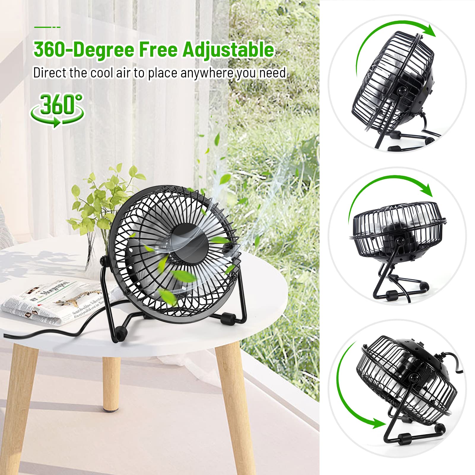 AMKEN - Ventilador de computadora pequeño, ventilador USB de 4 pulgadas alimentado por USB, rotación de 360°, pequeños ventiladores para recámara, oficina, mesa, ventilador de refrigeración personal