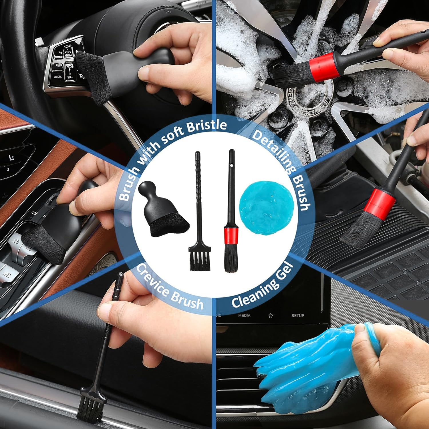 Korins 11Pzs Juego de Cepillos para Coches, Kit de Limpieza del Coche, Cepillo para Limpieza de Interiores, Herramienta de Limpieza de Parabrisas, Kit de Lavado para Interior Exterior