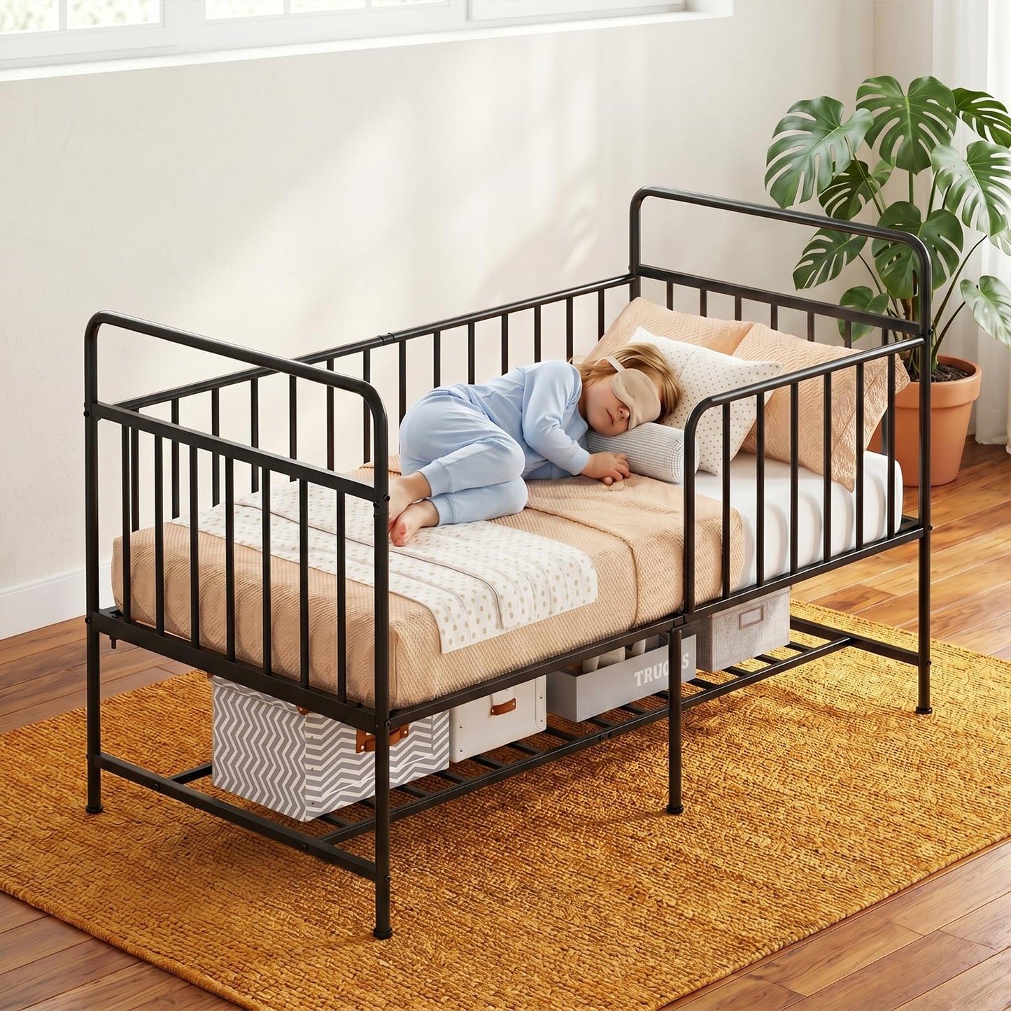 Uzelia Cuna Convertible para Bebé 4 en 1, Cuna para Bebé de Metal con Barandales de Seguridad, Cama Infantil, Daybed y Sofá para Niños, Estructura Resistente con Almacenamiento Inferior, Negro