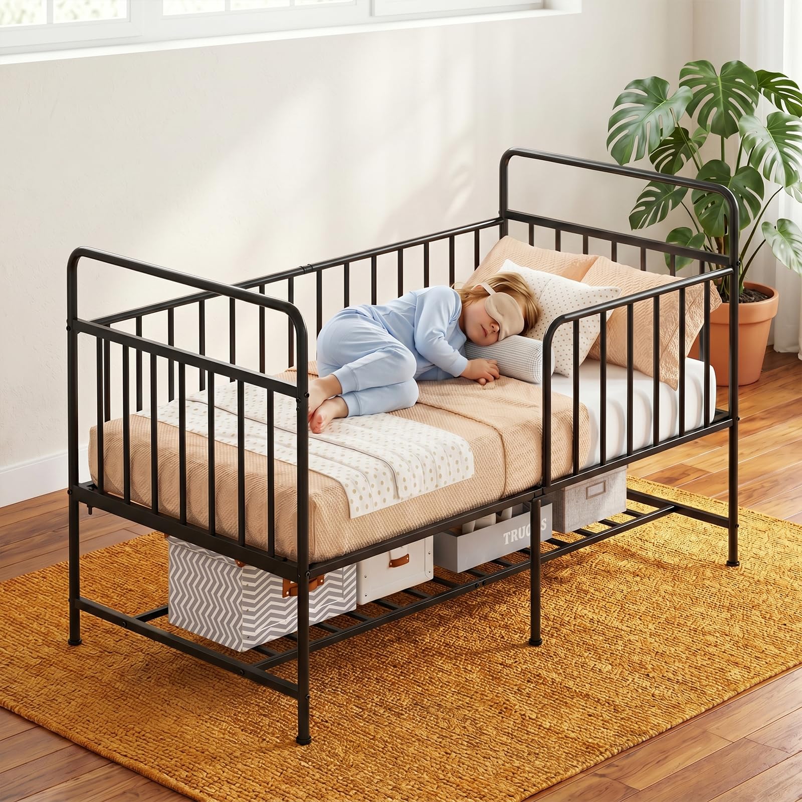 Uzelia Cuna Convertible para Bebé 4 en 1, Cuna para Bebé de Metal con Barandales de Seguridad, Cama Infantil, Daybed y Sofá para Niños, Estructura Resistente con Almacenamiento Inferior, Negro