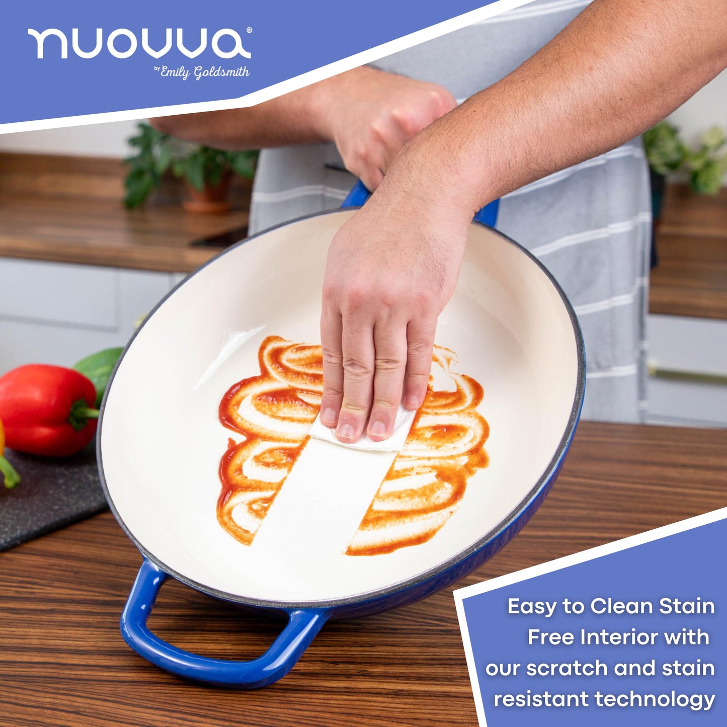Nuovva - Cacerola de hierro fundido poco profunda con tapa, olla antiadherente para horno holandés, utensilios de cocina resistentes a prueba de horno, olla esmaltada, color azul oscuro, 5 cuartos de galón, 32 cm