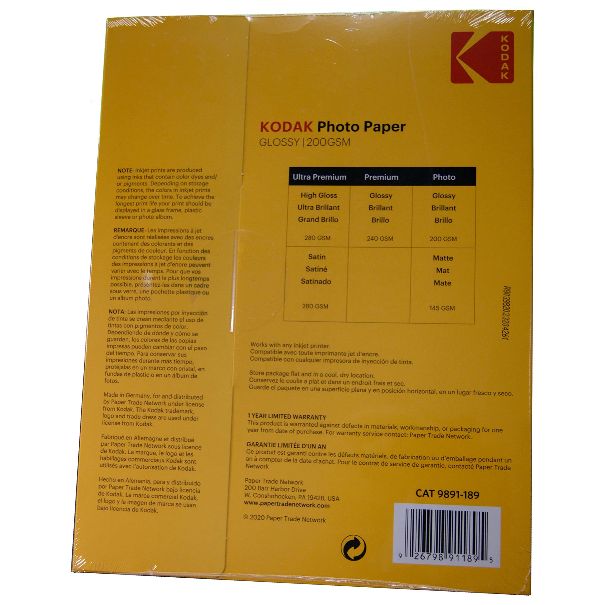 Kodak Papel fotográfico de 8.0 mil 200 g/m², brillante, 8-1/2 x 11, 100 hojas por paquete