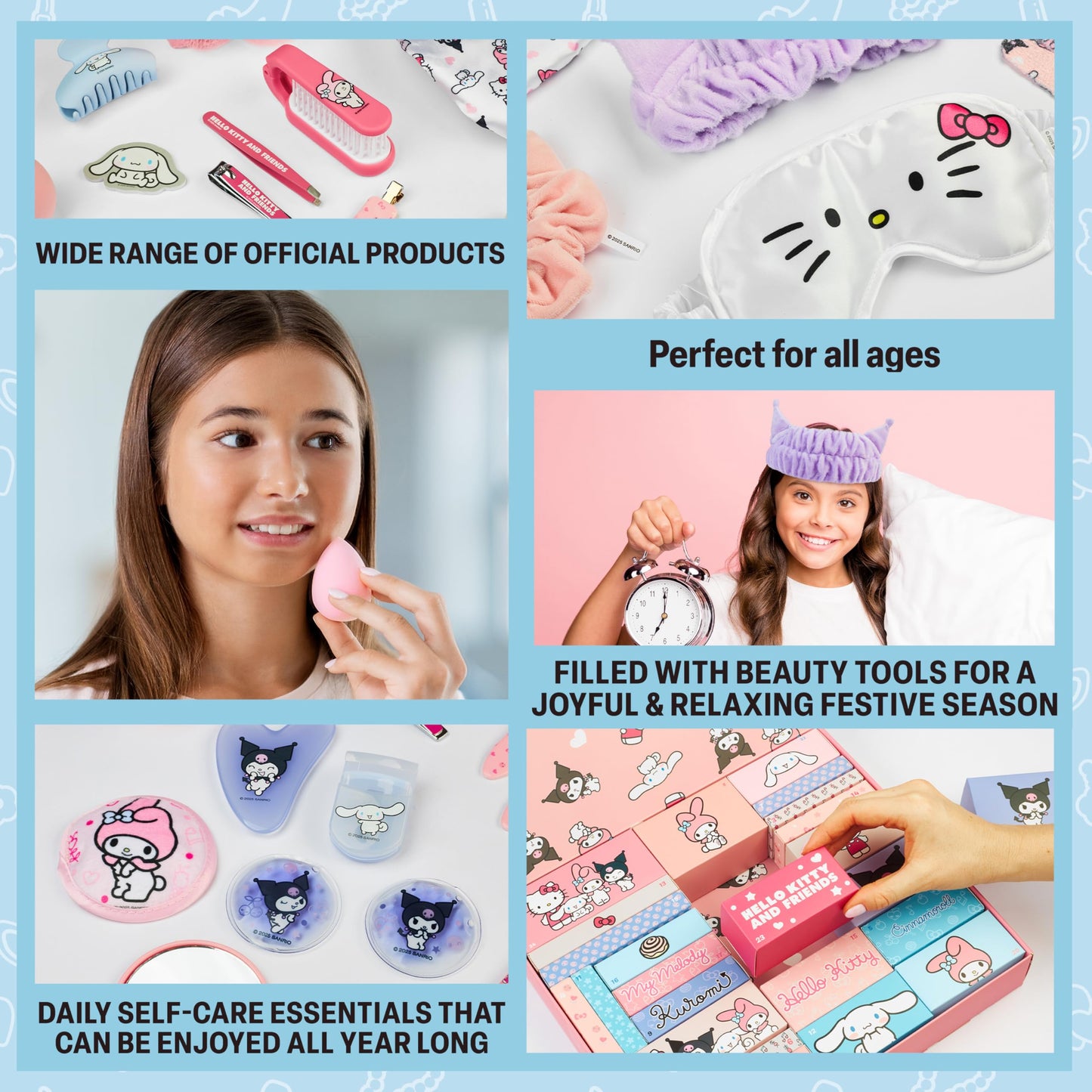 Calendario de Adviento Hello Kitty 2025 para mujeres y adolescentes, brochas de maquillaje, pinzas para el cabello, máscara de ojos, kit de regalo de belleza y cuidado personal, cuenta regresiva