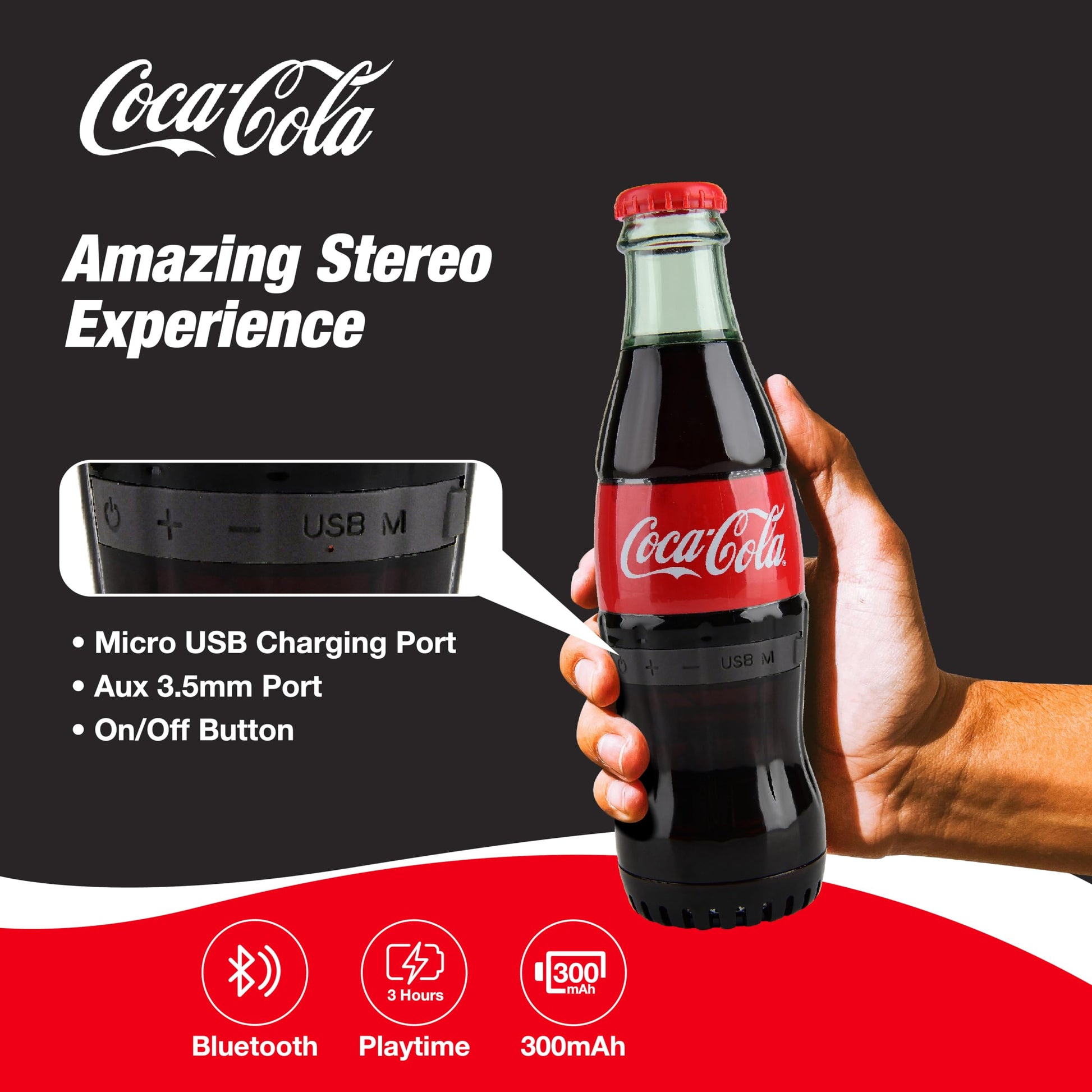 Bocina Bluetooth oficial con forma de botella Coca-Cola – Bocina inalámbrica portátil con Bluetooth 5.0, graves profundos, entrada AUX, batería de larga duración – Sonido HD fuerte para uso en casa