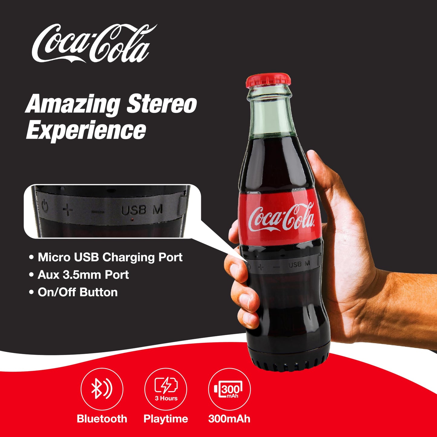 Bocina Bluetooth oficial con forma de botella Coca-Cola – Bocina inalámbrica portátil con Bluetooth 5.0, graves profundos, entrada AUX, batería de larga duración – Sonido HD fuerte para uso en casa
