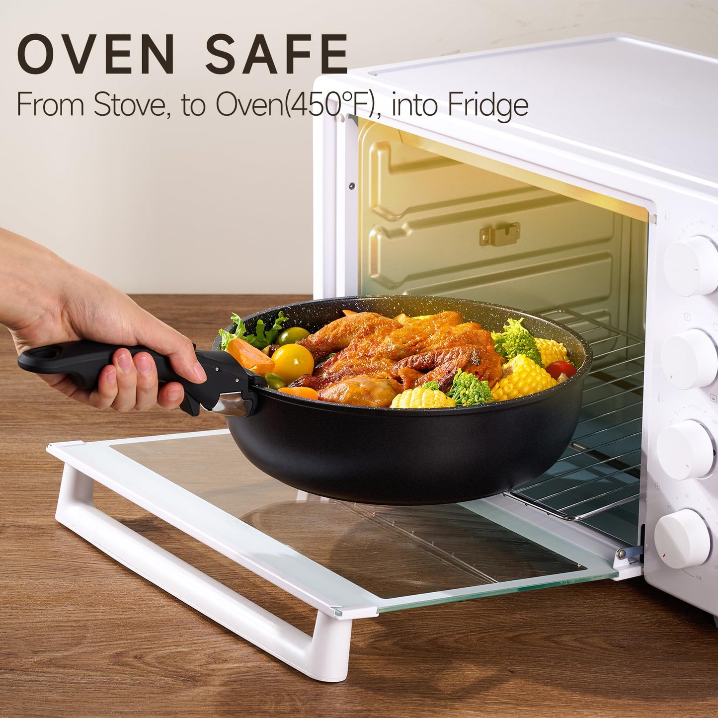 JEETEE - Juego de ollas y sartenes antiadherentes, 26 piezas, utensilios de cocina con mango extraíble/desmontable, para cocina de inducción, apto horno, apilables, para caravana, sin PFOA, negro