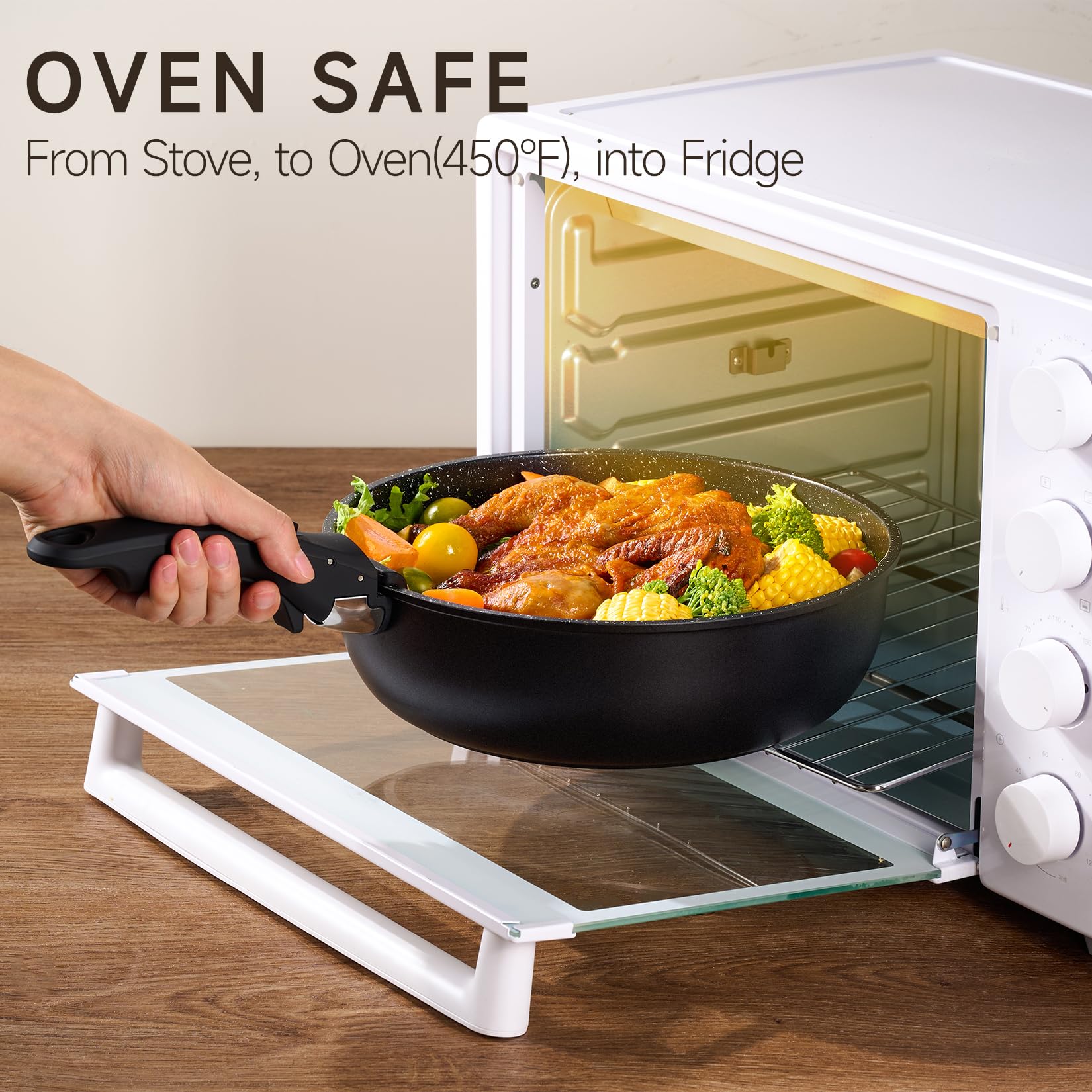 JEETEE - Juego de ollas y sartenes antiadherentes, 26 piezas, utensilios de cocina con mango extraíble/desmontable, para cocina de inducción, apto horno, apilables, para caravana, sin PFOA, negro