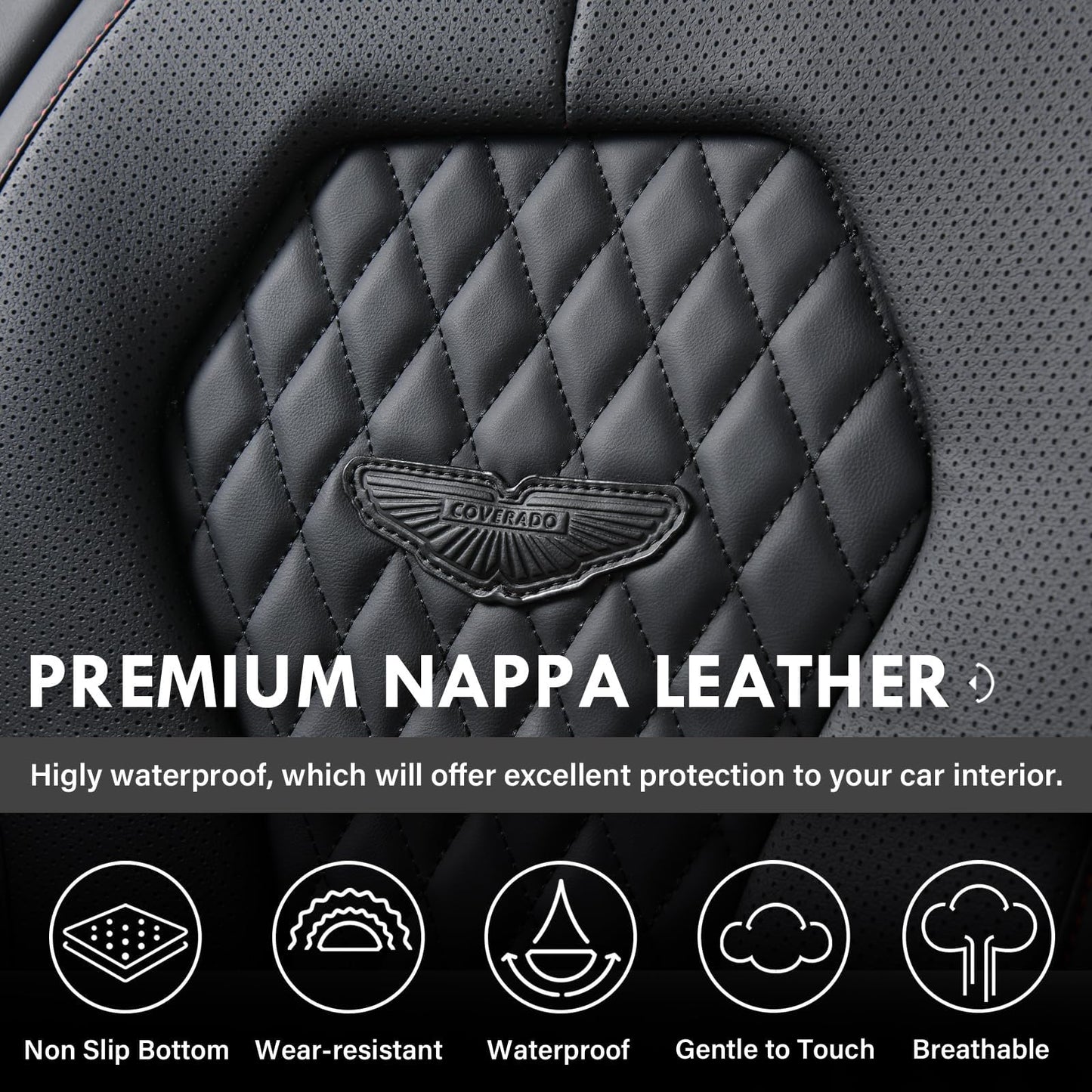 Coverado - Juego completo de fundas de asiento de piel universal de 5 asientos para automóviles, cojines de asiento impermeables de piel sintético, protectores de asiento delantero y trasero, fundas de asiento para automóviles para la mayoría de vehículos