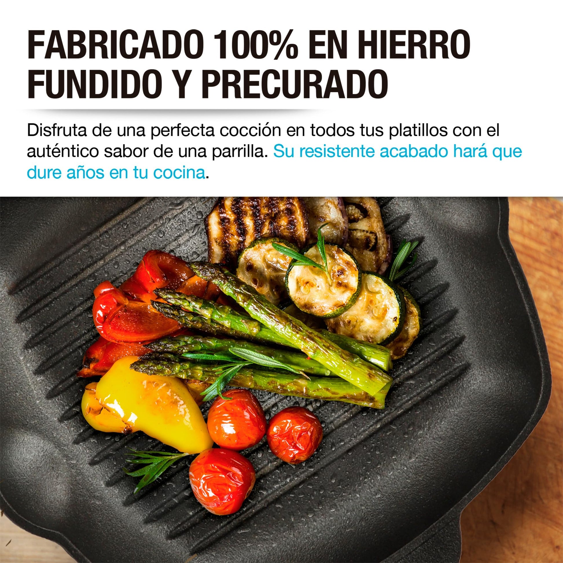 CASA LITUS Sartén de Hierro Fundido Precurado tipo Parrilla Extra Grande (2 Litros), Plancha para Asar con Superficie Acanalada, Mango y Vertederos Laterales, para Estufa de Gas, Horno o Fuego Directo