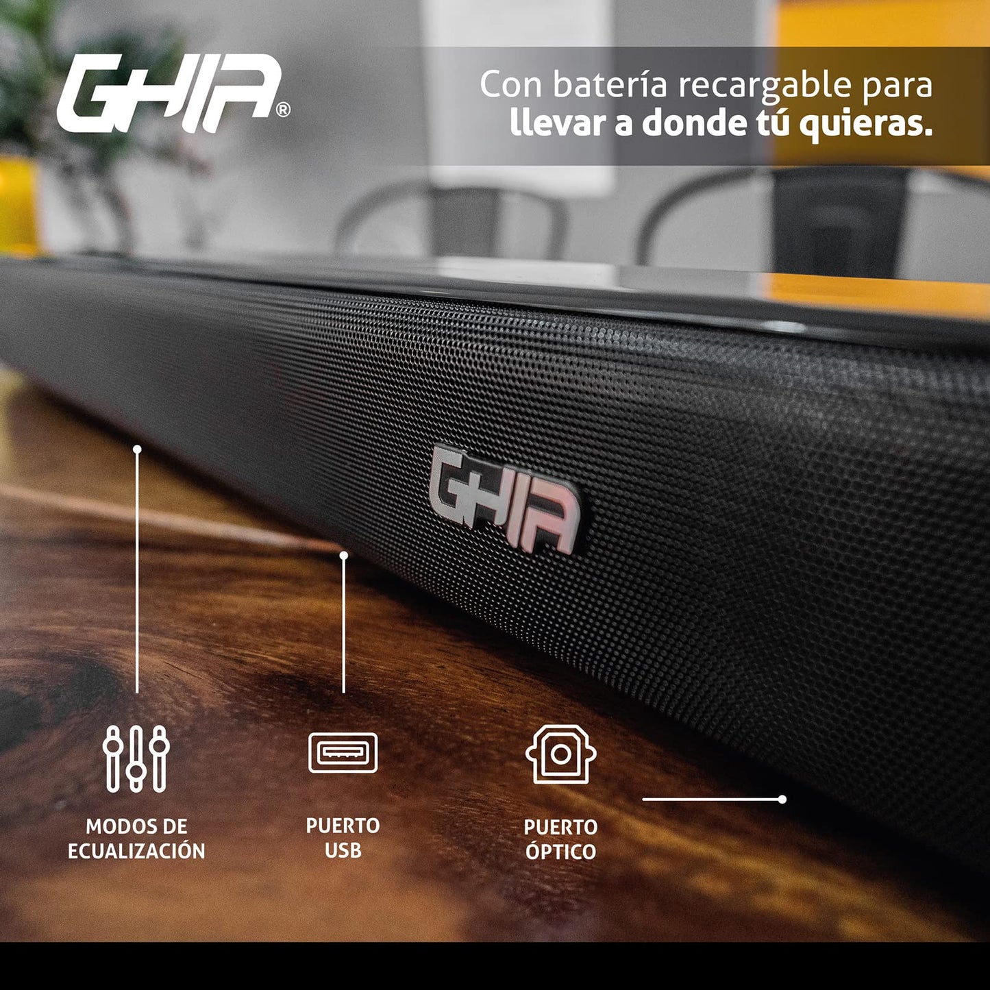 GHIA Barra de Sonido GSB-012. Audio de 2.0 Canales, Potencia 20w RMS, Batería Recargable 2200MAh. Conexión inalámbrica, Bluetooth, USB, Radio FM, Puerto Óptico.