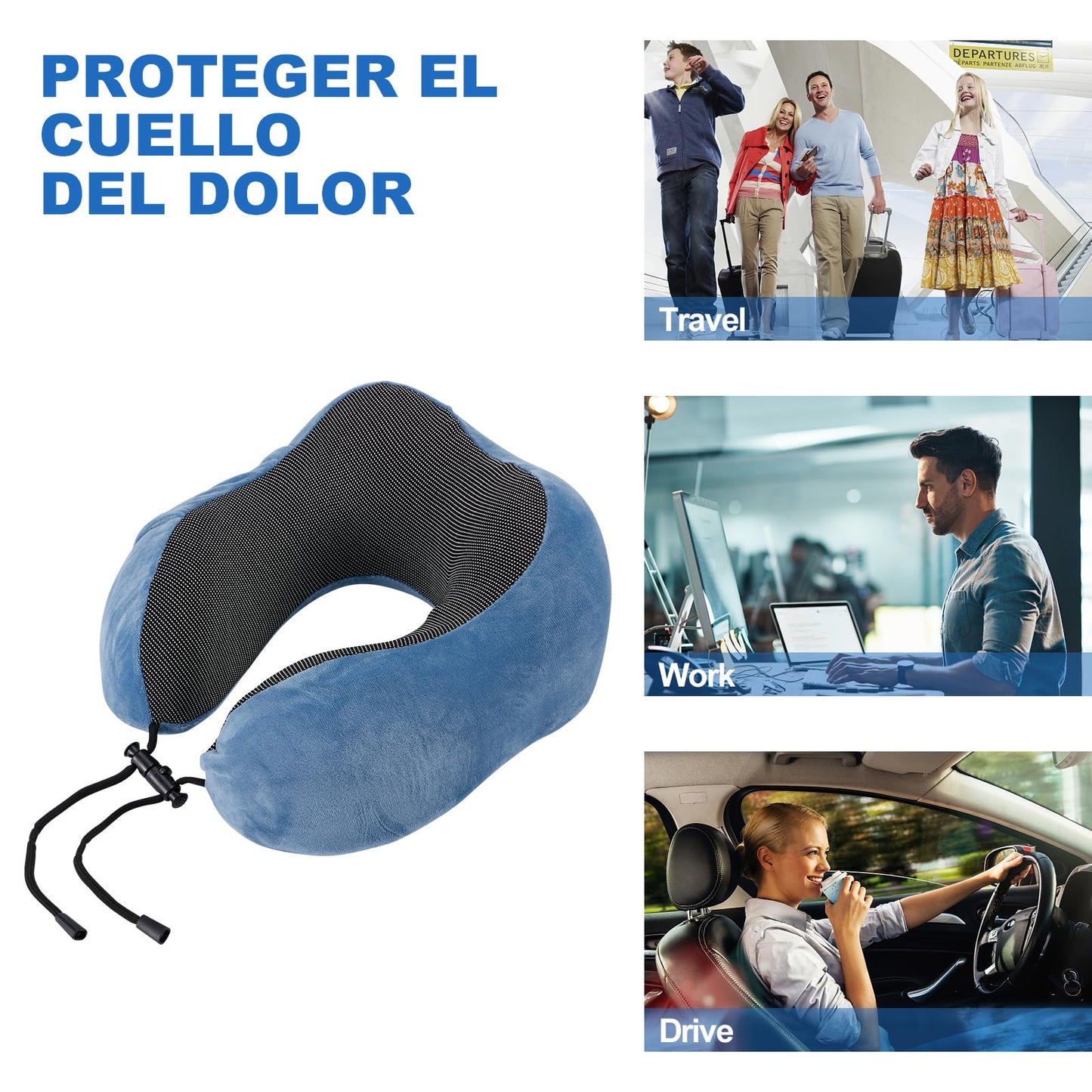 Almohada de Viaje, Almohada de Cuello Viscoelástica de Espuma de Memoria con Máscara de Ojos, Tapones para los oídos y Nariz, y Bolsa con Cordón, Soporte de Cuello para Avión, Oficina y el Hogar(Azul)