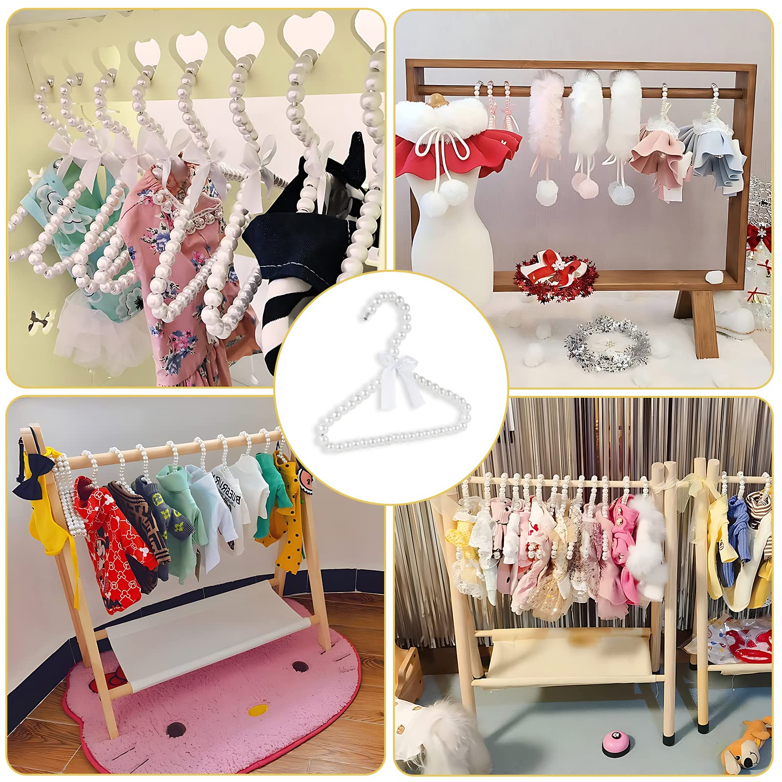 Adorila - Paquete de 5 Perchas de Perlas para niños, pequeñas Perlas con Lazo, Elegantes Perchas estándar para niños y Perros (Blanco)