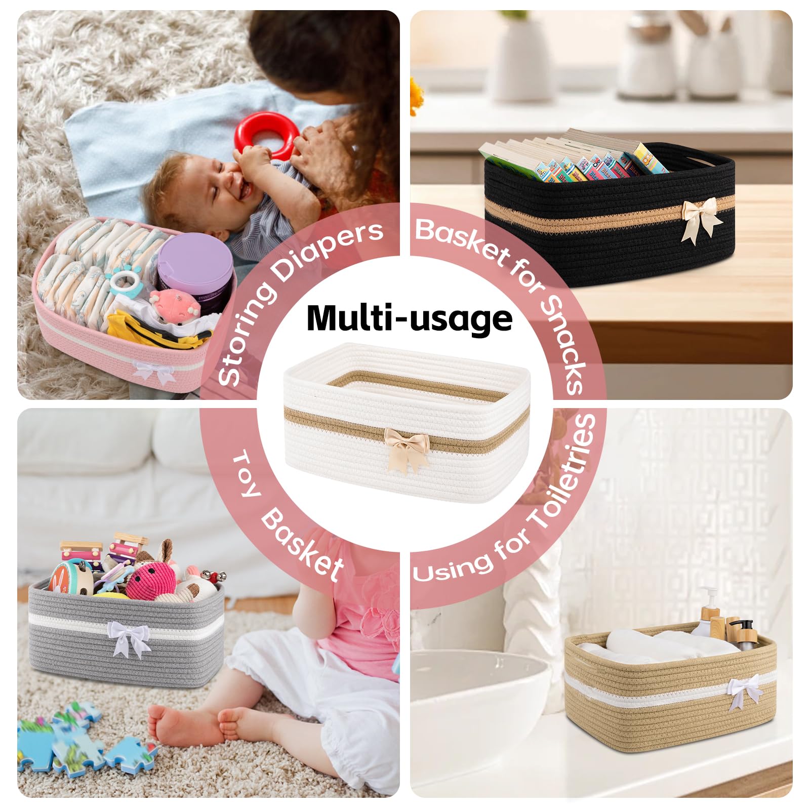 OIAHOMY - Cesta de almacenamiento tejida grande con asas para guardería, estantes de sala de estar, cesta de lazo para regalos vacía con bolsas de regalo y cintas para baby shower, contenedor de