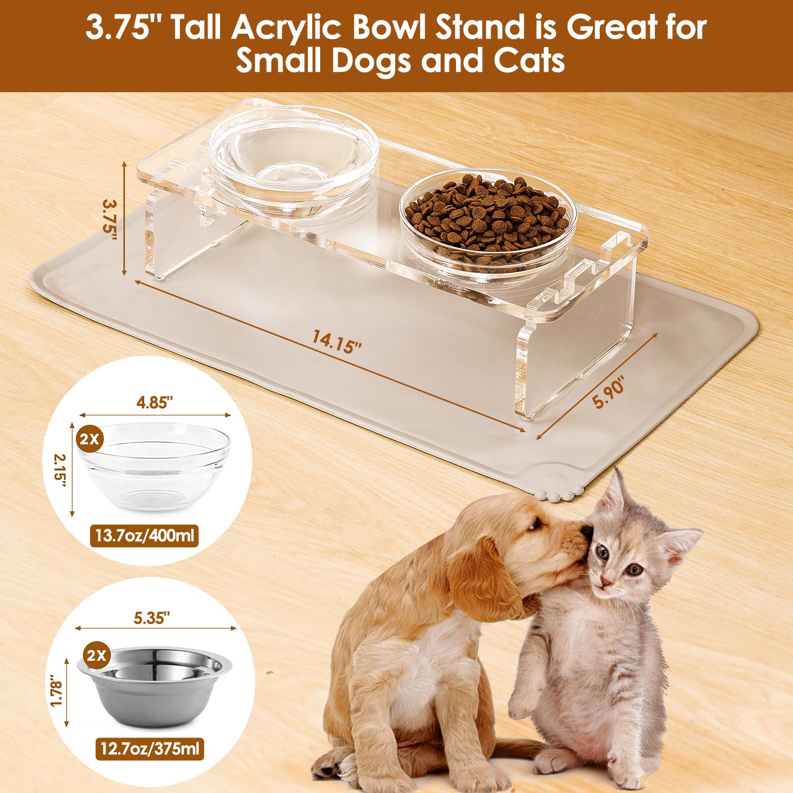 Juego de Cuencos Elevados Acrílico 9,5 cm para Mascotas Pequeñas Con Acero Inoxidable y Vidrio para Alimentos y Agua