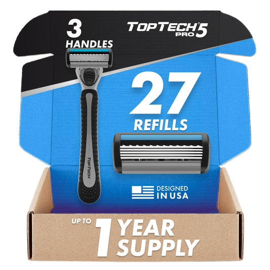 TopTech PRO 5 Rastrillo para Afeitar Hombre Reutilizable Trio Set - Afeitadoras Manuales con Recambios - Pack de 30 Unidades (3 Mangos + 27 Cartuchos Reemplazables), Tecnología de 5 Cuchillas - Afeitado Suave y Cuchillas Afiladas - Excelente Precio para R