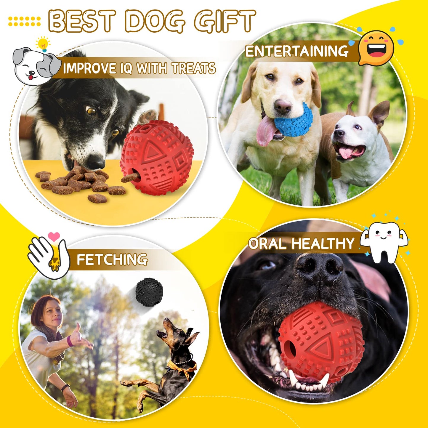 Bolas para perros dispensadoras de juguetes para perros, bolas de regalo para perros IQ para perros grandes, juguetes para perros chirriantes para masticadores agresivos, juguetes interactivos de goma duraderos para masticar perros, juguetes de enriquecim