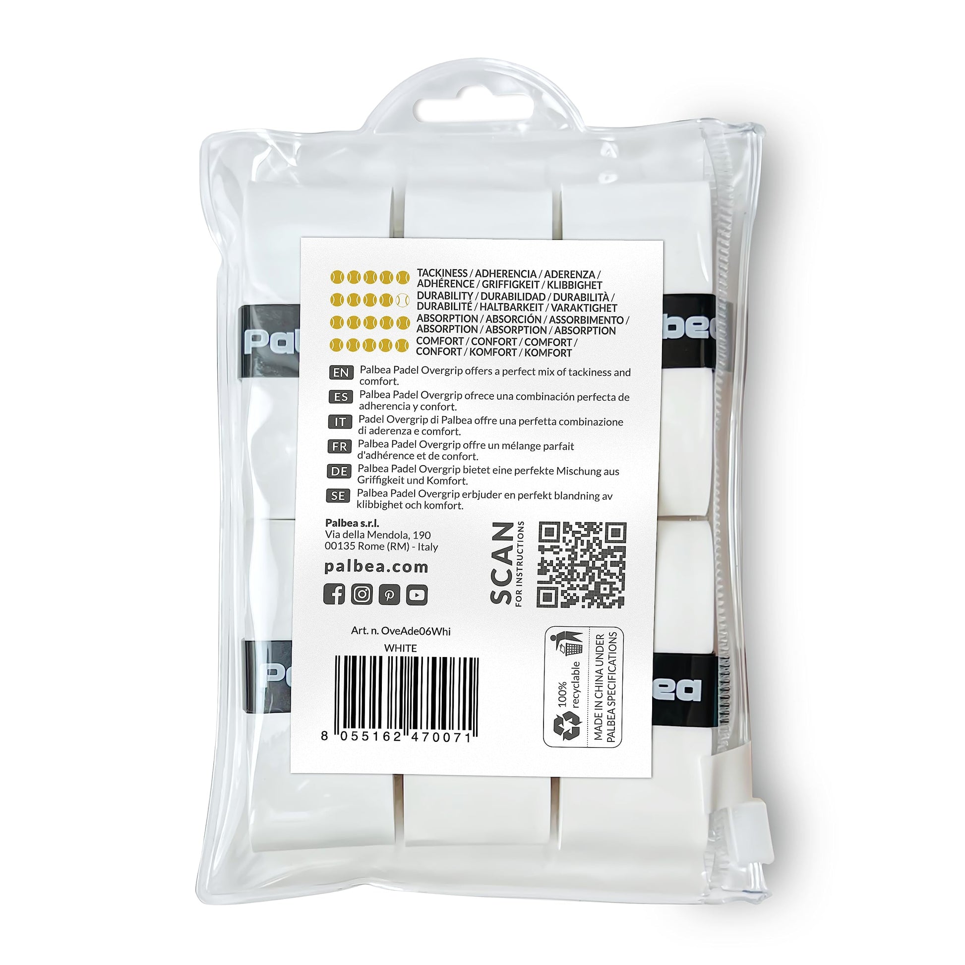 Overgrips Padel Palbea Blanco Extra Adherente Antideslizante Alta Absorción Paquete de 6