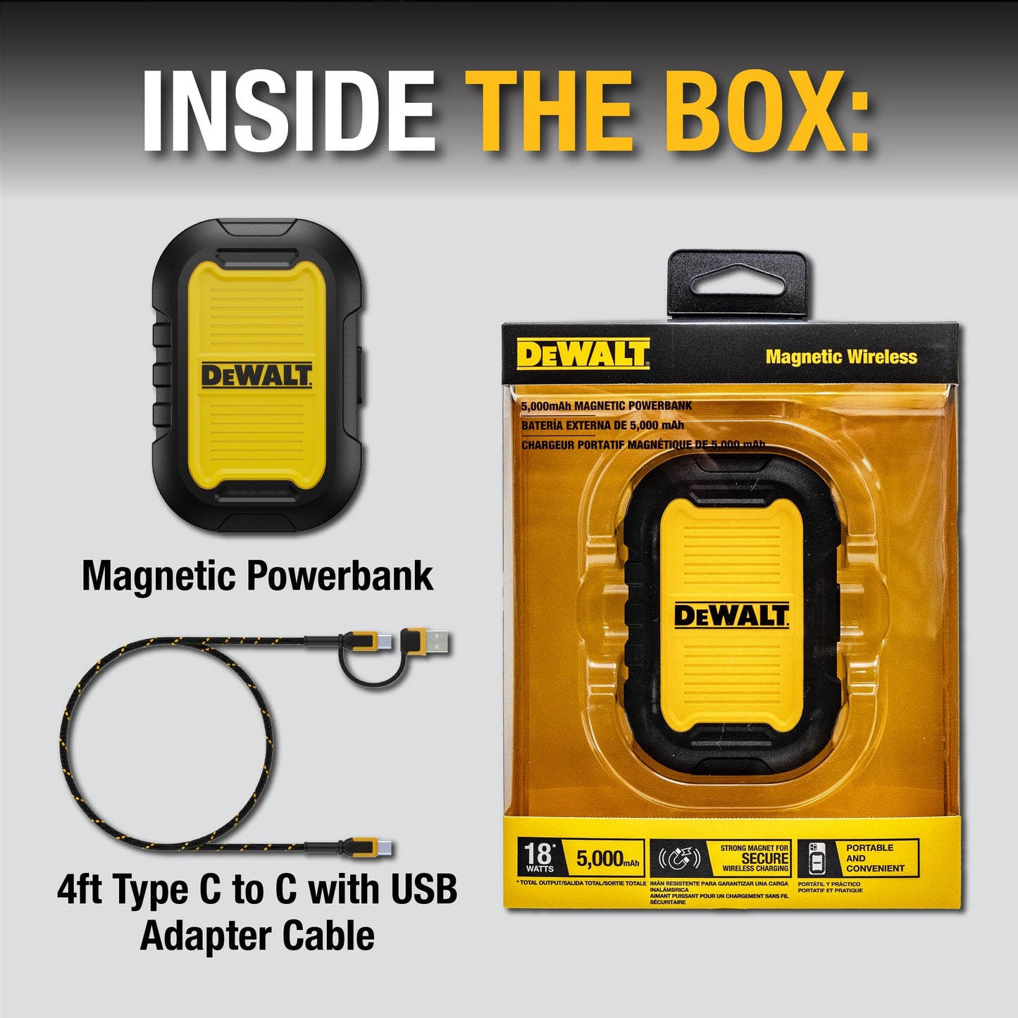 DEWALT - Banco de energía magnético resistente de 5.000 mAh, cargador portátil inalámbrico resistente, batería de carga rápida de 18 W, USB-C a C con cable adaptador USB de 4 pies, resistente al agua