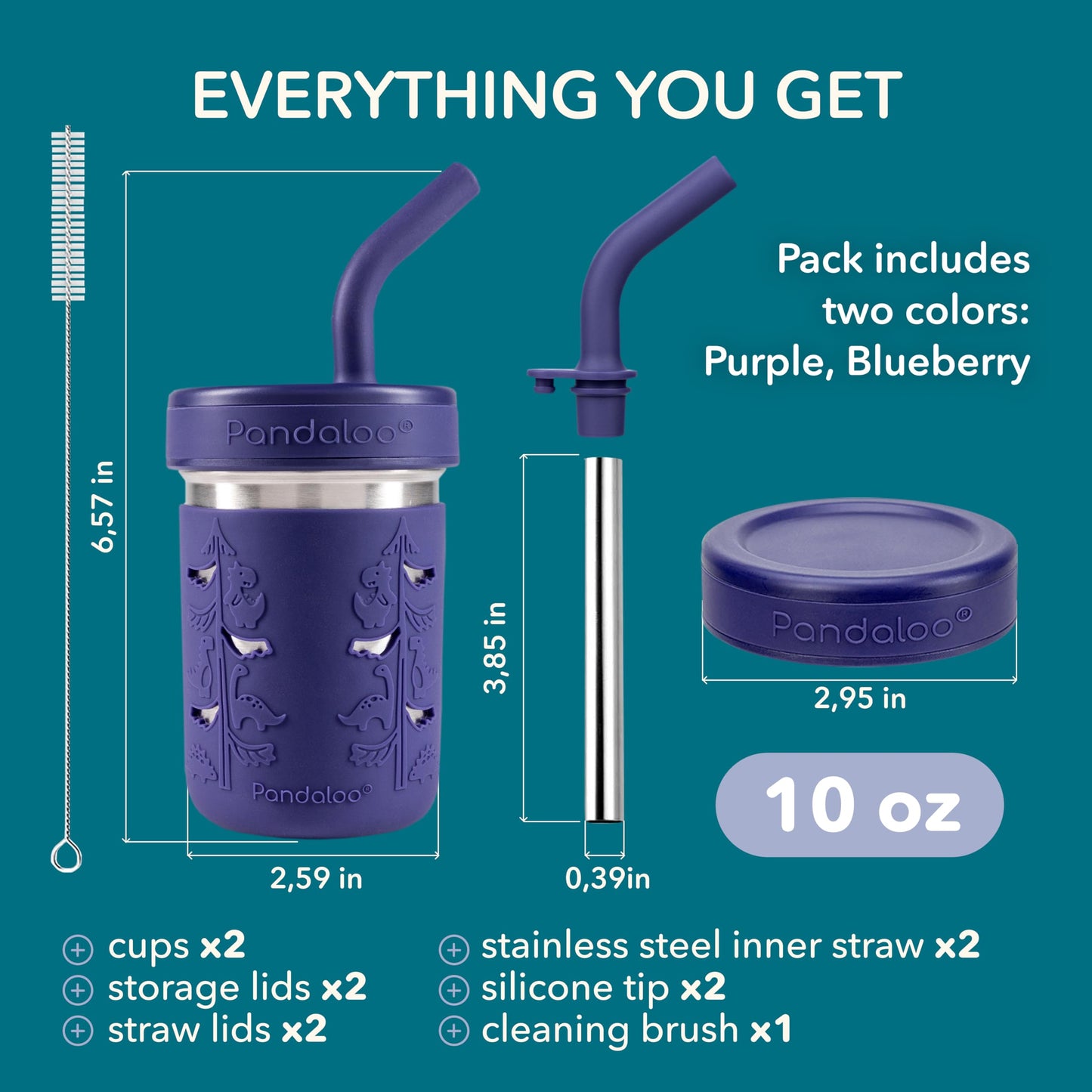 Pandaloo® Tazas de batido para niños - Vaso para niños pequeños de acero inoxidable con pajita, taza con popote para batidos - Sin BPA, tazas para refrigerio para niños pequeños, 10 oz