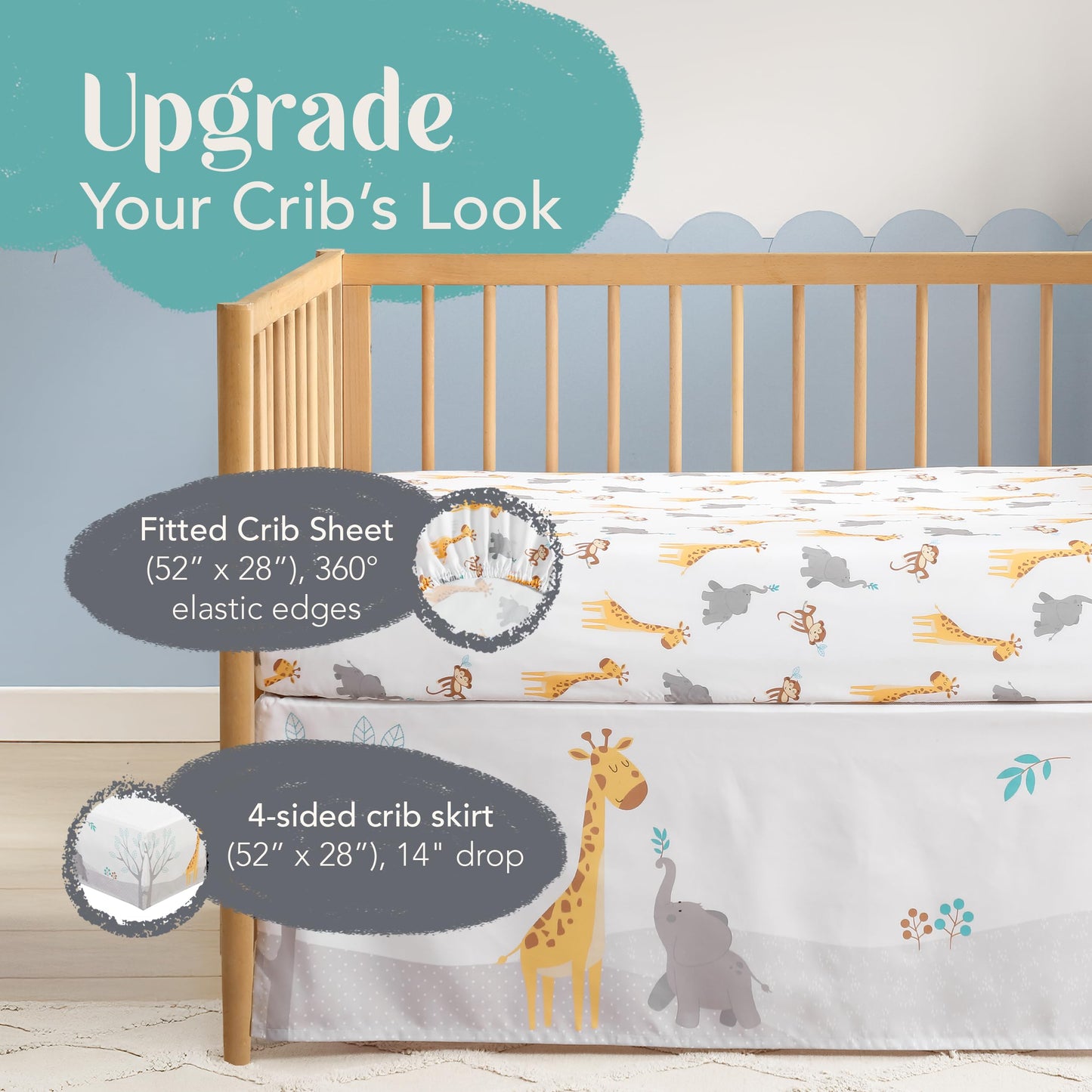 El juego de cama de 3 piezas para cuna de The Hōmistry para niños y niñas - Edredón reversible, sábana ajustada, falda de cuna - Juego de ropa de cama para cuna de microfibra suave, transpirable y