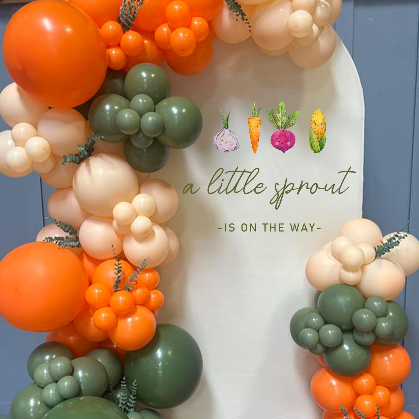 KIETKIE - Calcomanía de pared para baby shower de Little Sprout – ilustraciones vegetales de granja y escritura rústica, telón de fondo de baby shower neutro para cosecha de otoño y fiestas temáticas