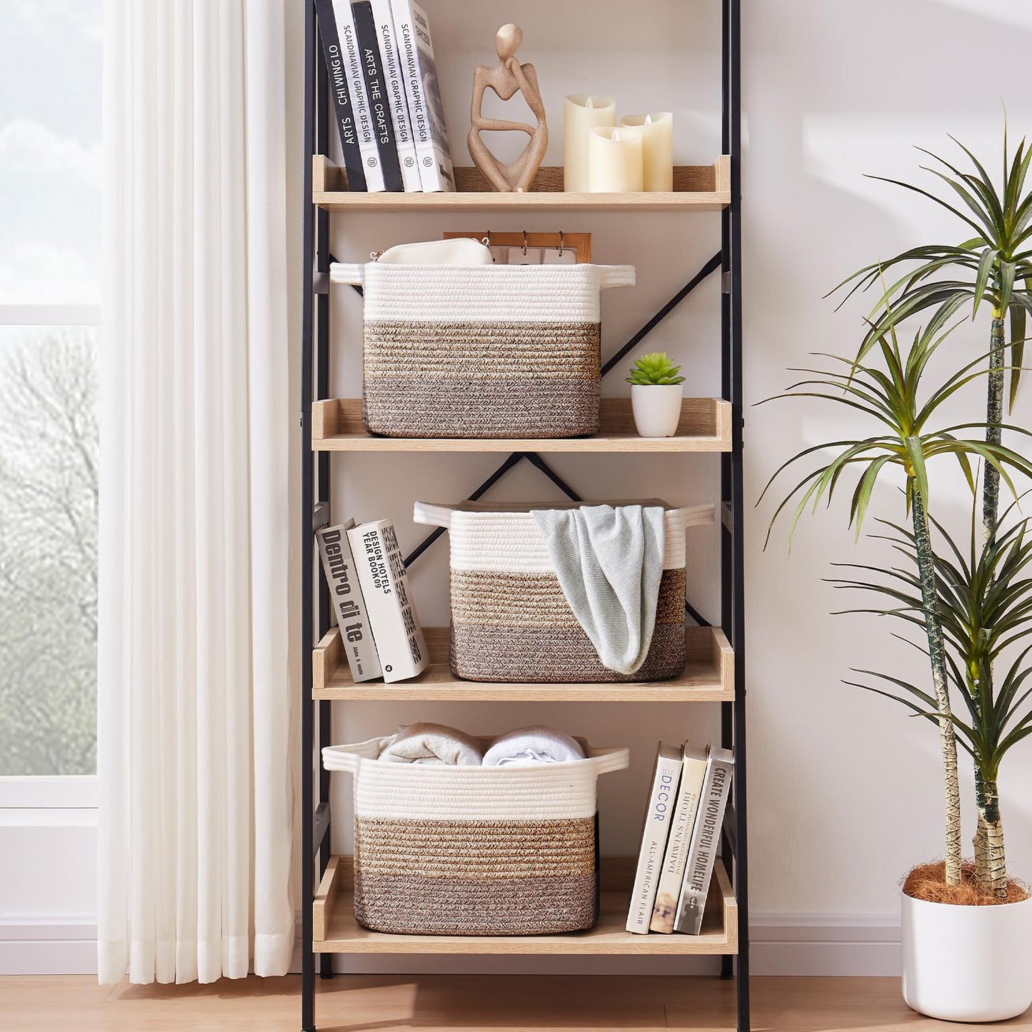 OIAHOMY Cesta de almacenamiento, cestas tejidas para almacenamiento, cesta de cuerda de algodón para juguetes, cestas de toalla para baño, paquete de 3, café oscuro degradado