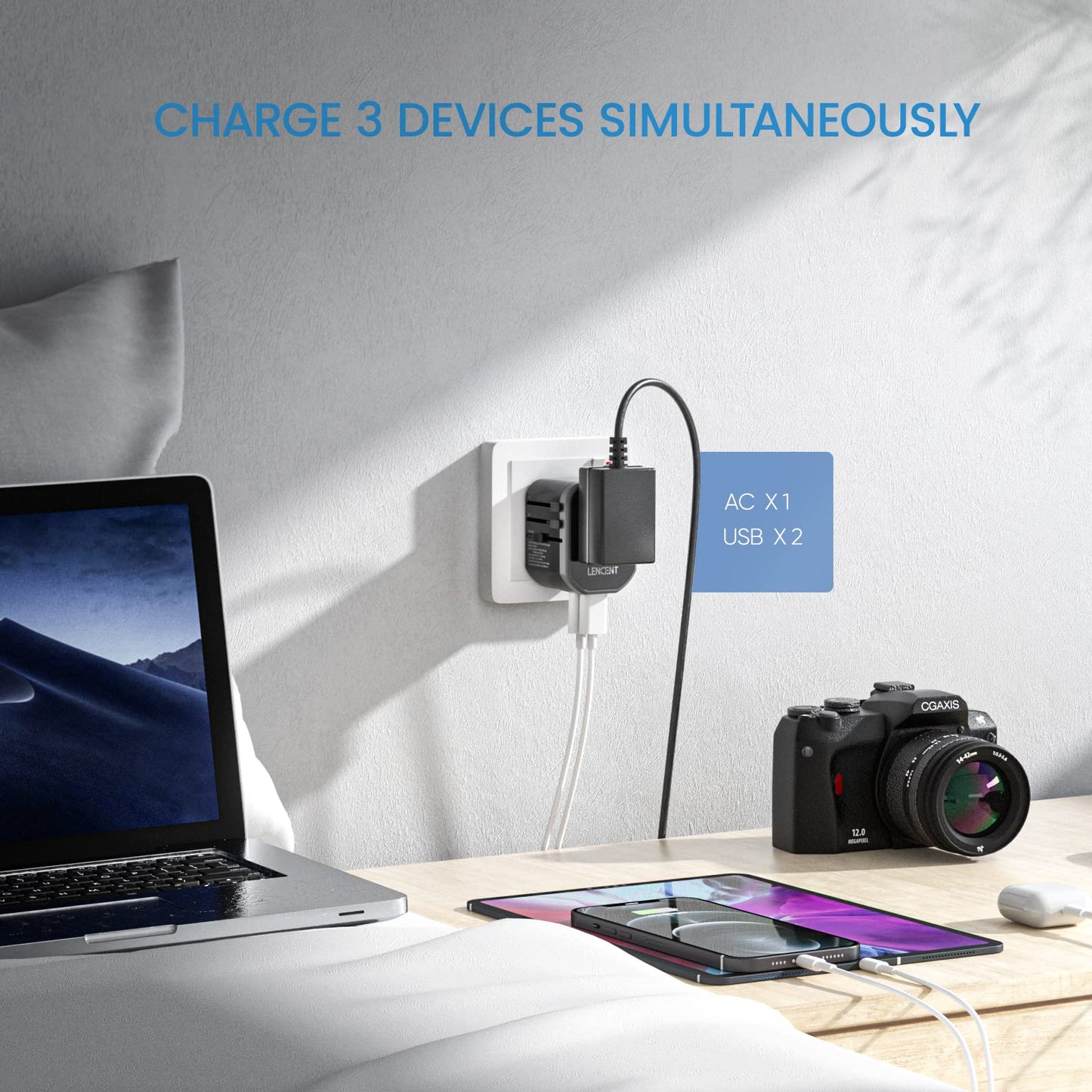 LENCENT Adaptador Enchufe de Viaje Universal, Cargador Internacional de 2 Puertos USB, Enchufe Tipo A/C/G/I para Más de 200 Países (EE. UU./Reino Unido/UE/Australia/Argentina/China), Negro