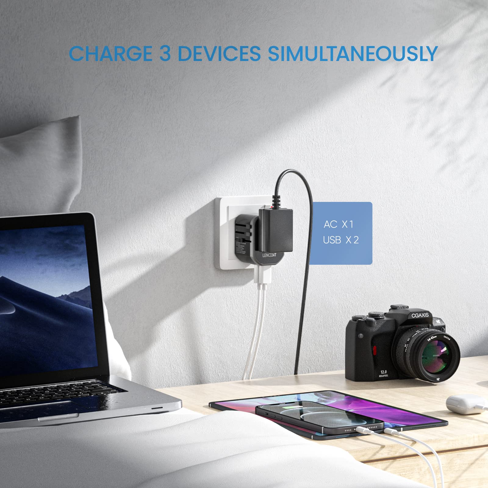 LENCENT Adaptador Enchufe de Viaje Universal, Cargador Internacional de 2 Puertos USB, Enchufe Tipo A/C/G/I para Más de 200 Países (EE. UU./Reino Unido/UE/Australia/Argentina/China), Negro