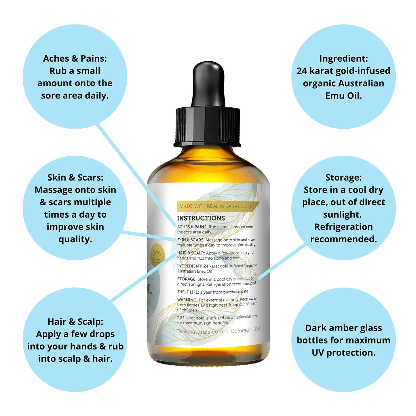 Aceite Emu Orgánico con Oro 24K para una Piel Radiante y Reparada - Colección Gold Teak Naturals