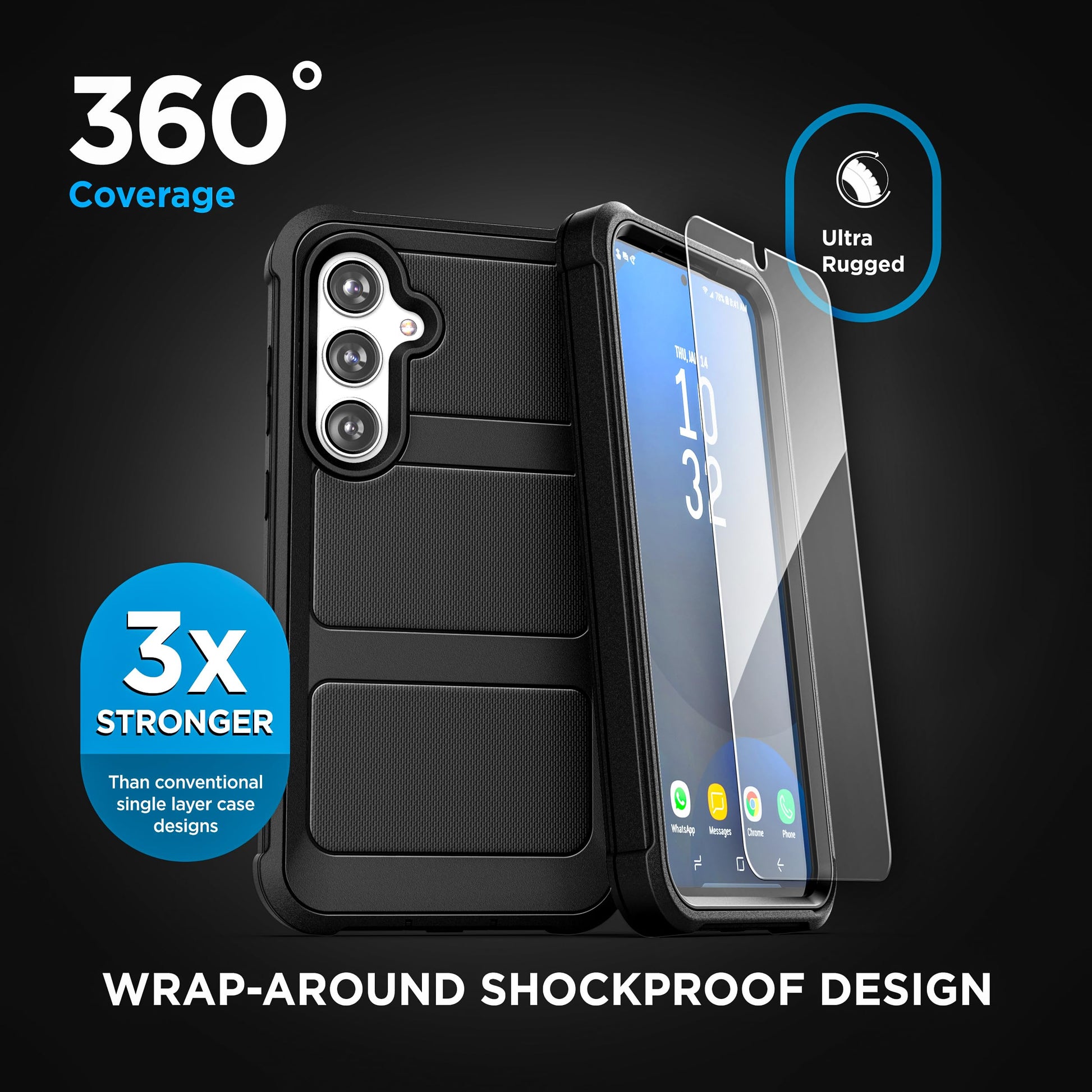Funda Rígida Encased Negro Samsung Galaxy S24 FE Uso Rudo con Protector Pantalla de Vidrio Templado y Clip Cinturón Holster
