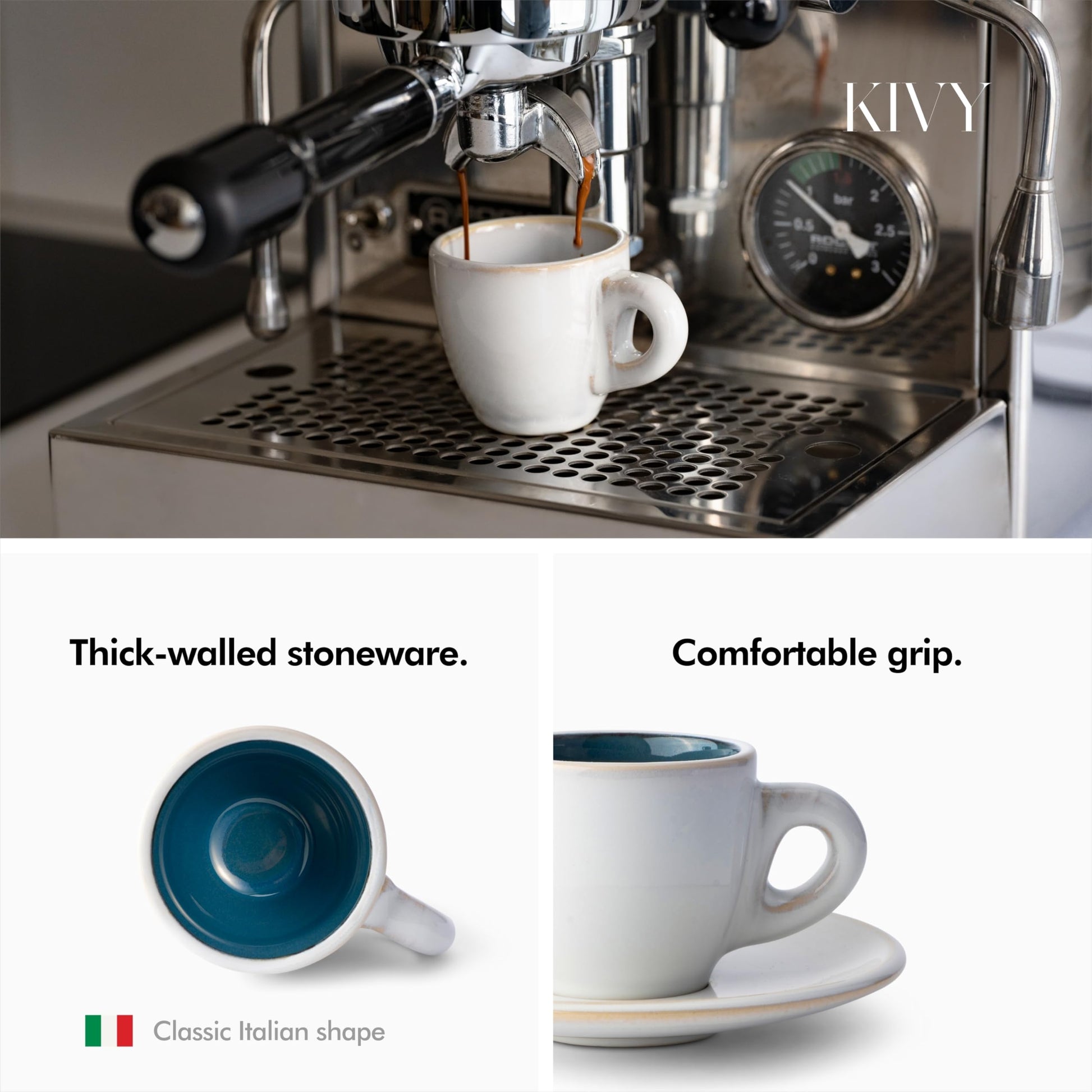 KIVY - Juego de 4 tazas de café expreso de 3 onzas, tazas y platillos de gres de pared gruesa, taza y platillos expresso de estilo italiano, color azul