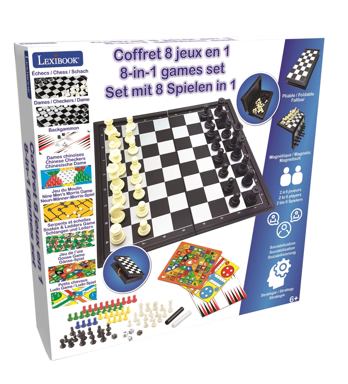 LEXiBOOK - Juego de juegos 8 en 1, ajedrez, damas, backgammon, damas chinas, juego Morris de nueve hombres, juego de serpientes y escaleras, juego de ganso, juego de ludo, JGM800